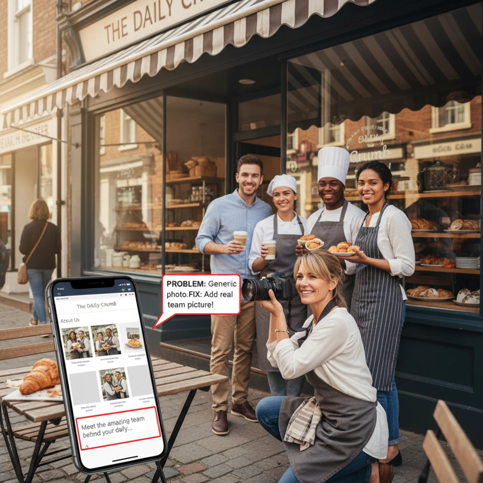 A small business owner photographing their three-person team in front of their storefront for an about page update, with a phone propped nearby showing the website's about section mid-edit