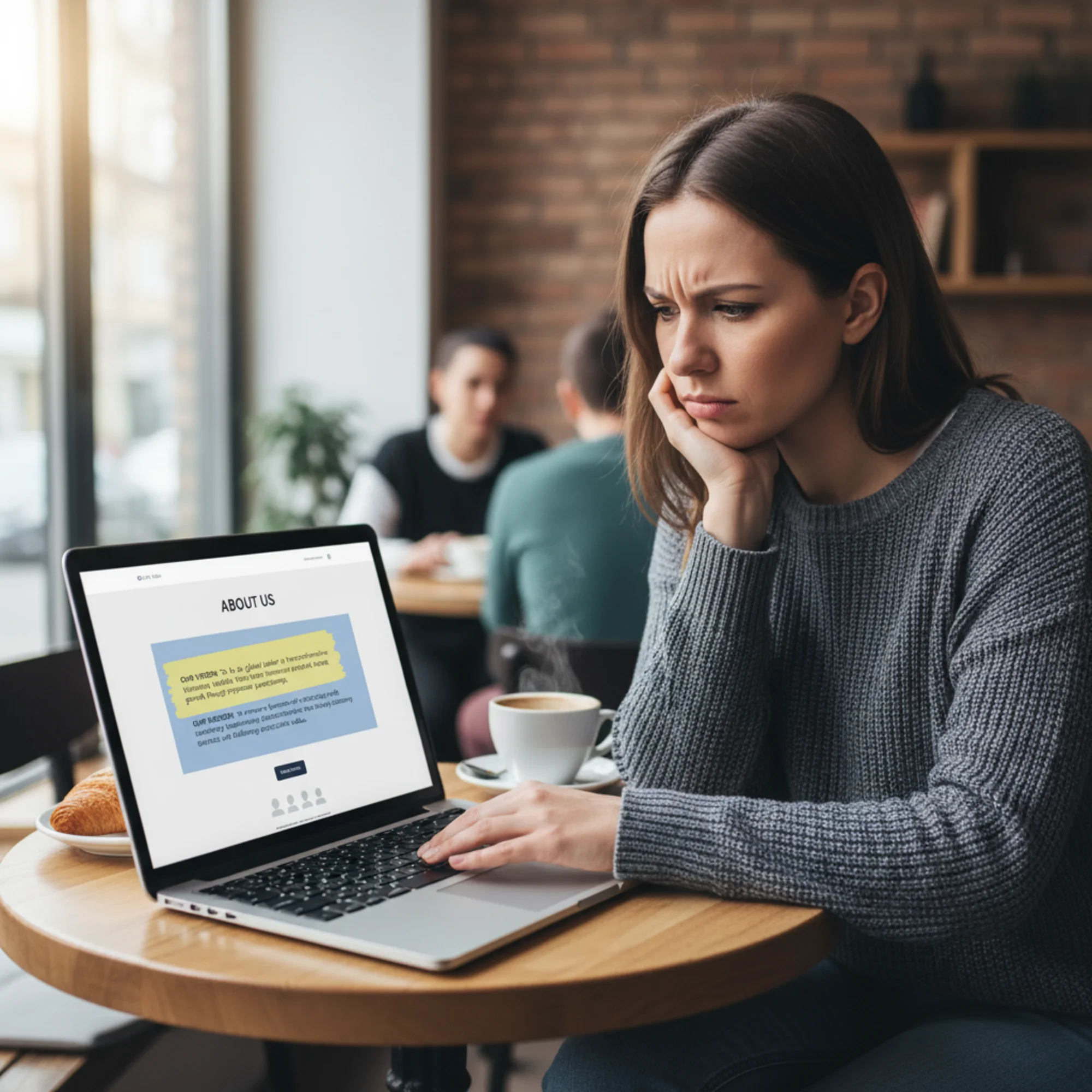 A website visitor frowning at a vague corporate about page on their laptop, the screen showing no team photos, no names, and a highlighted wall of generic mission-statement text