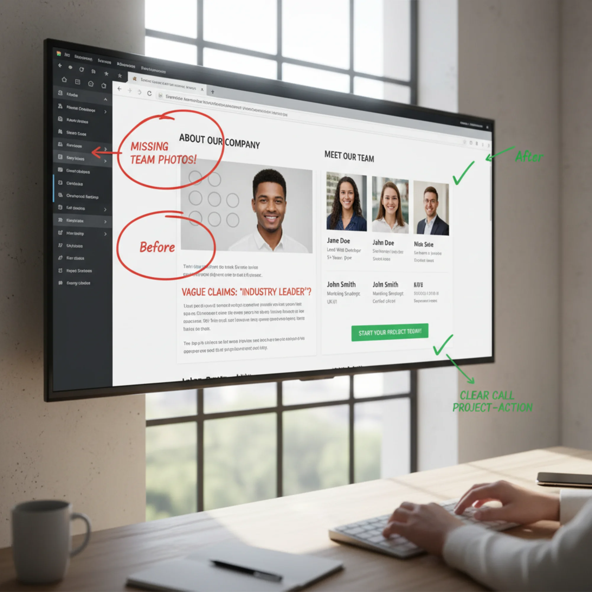 A split-screen browser view of an about page before and after revision, with red annotations on the left marking missing team photos and vague claims, and green annotations on the right showing real headshots, specific credentials, and a visible call-to-action button