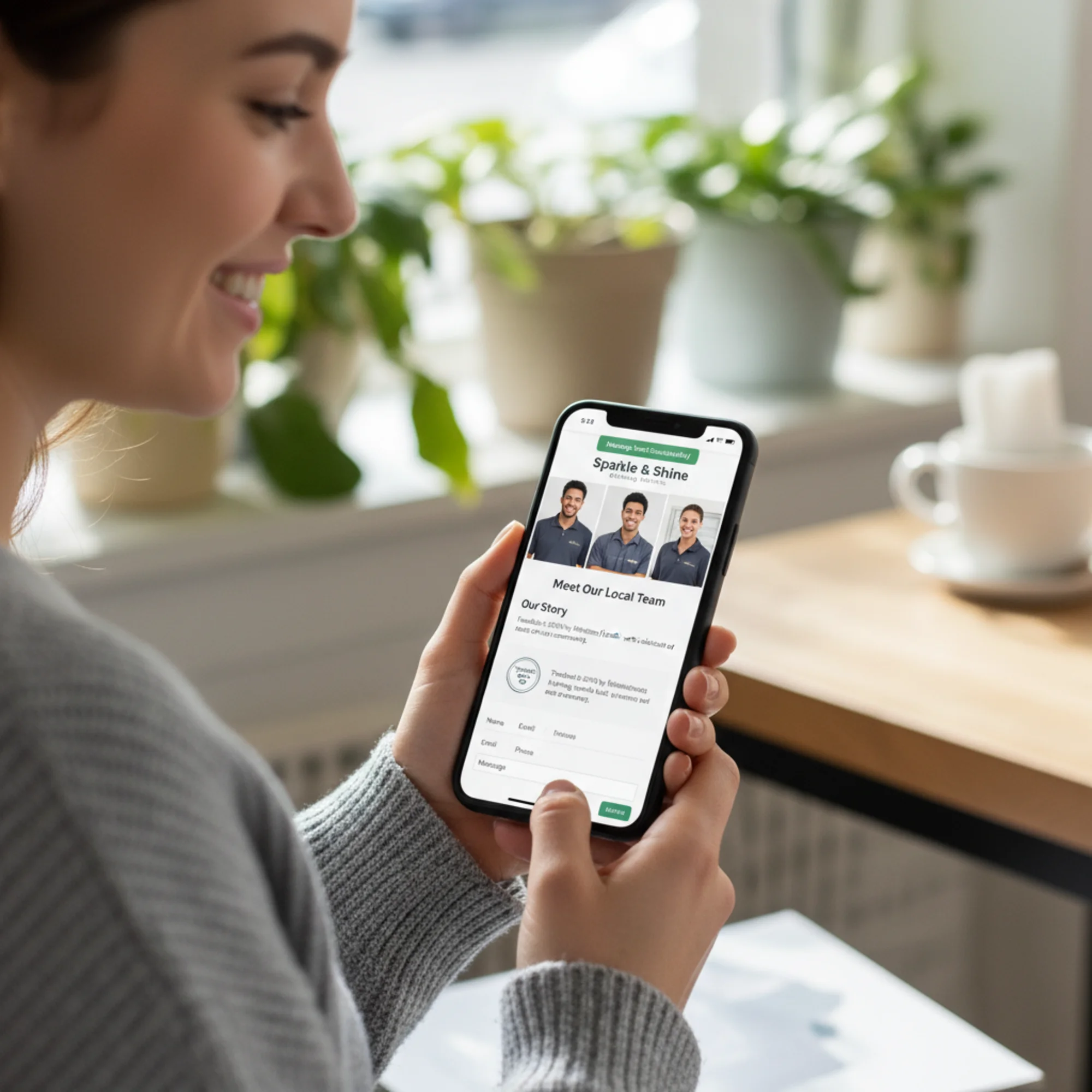 A satisfied customer on their phone viewing a local cleaning company's about page that displays real team faces, a short origin story, a trust badge, and a contact form with a green submission confirmation banner