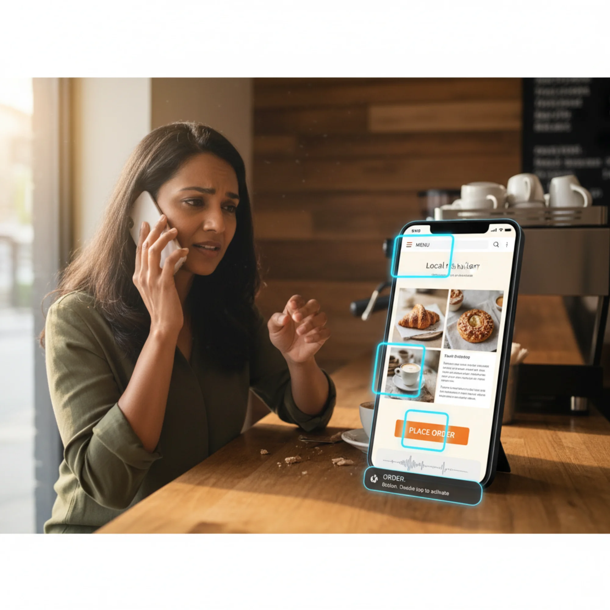 A small business owner using a screen reader on their phone to navigate a local bakery website, with visible focus outlines highlighting menu items and an order button