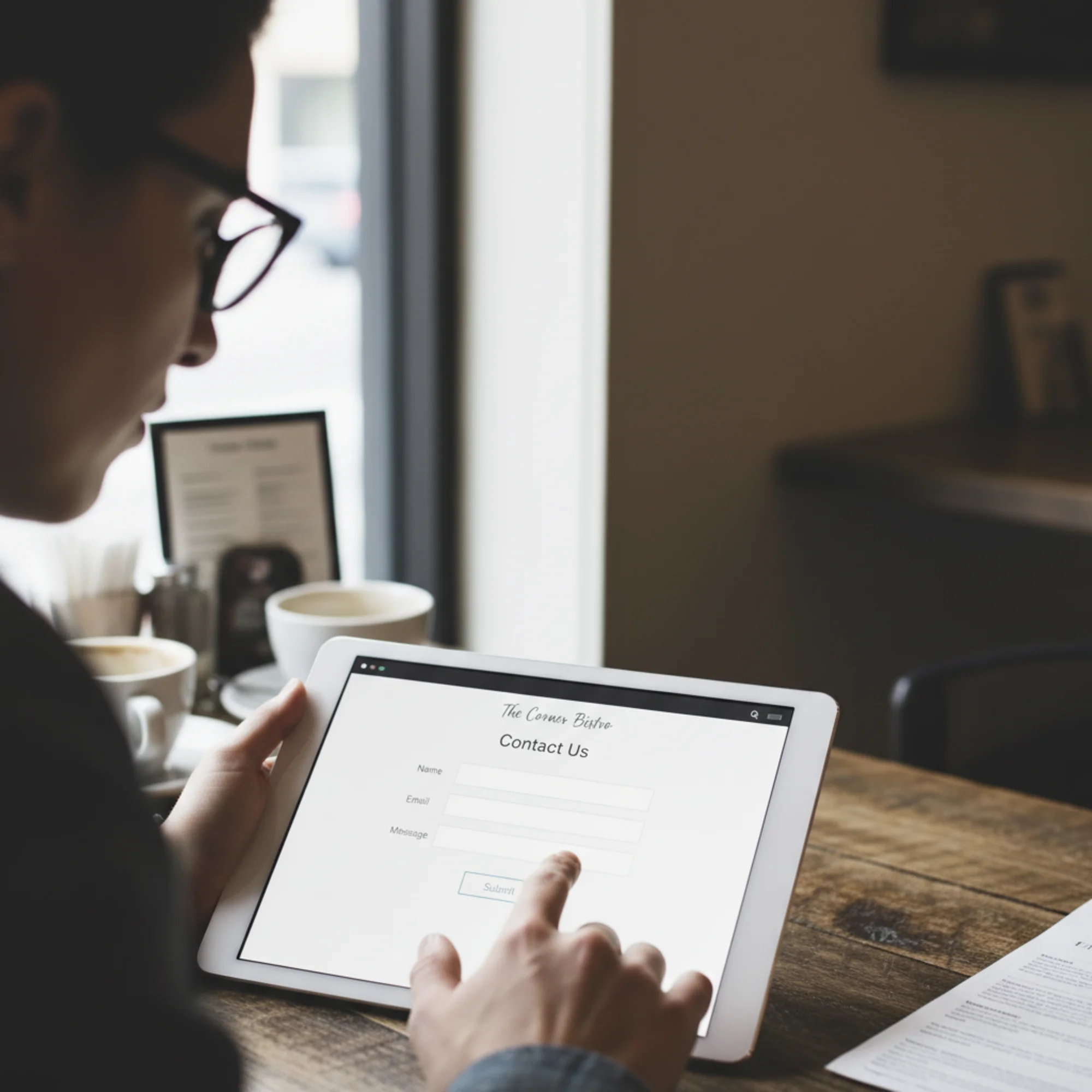 A restaurant website contact form on a tablet with missing field labels, a pale gray submit button barely visible against the white background, and no focus indicator — the user looks confused