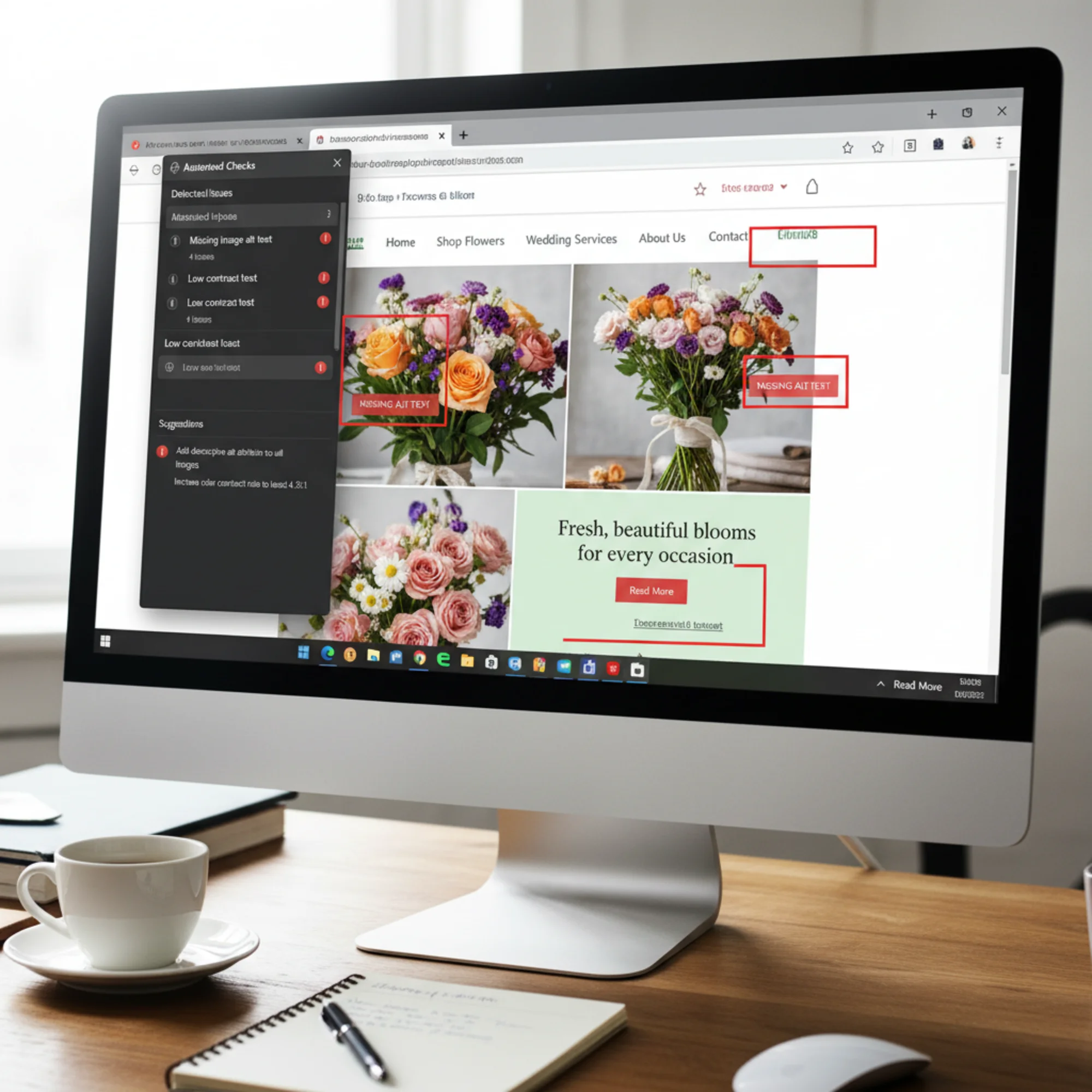 A split-screen browser showing an accessibility audit tool flagging issues like missing alt text and low contrast on the left, with the affected elements highlighted in red on a florist website on the right