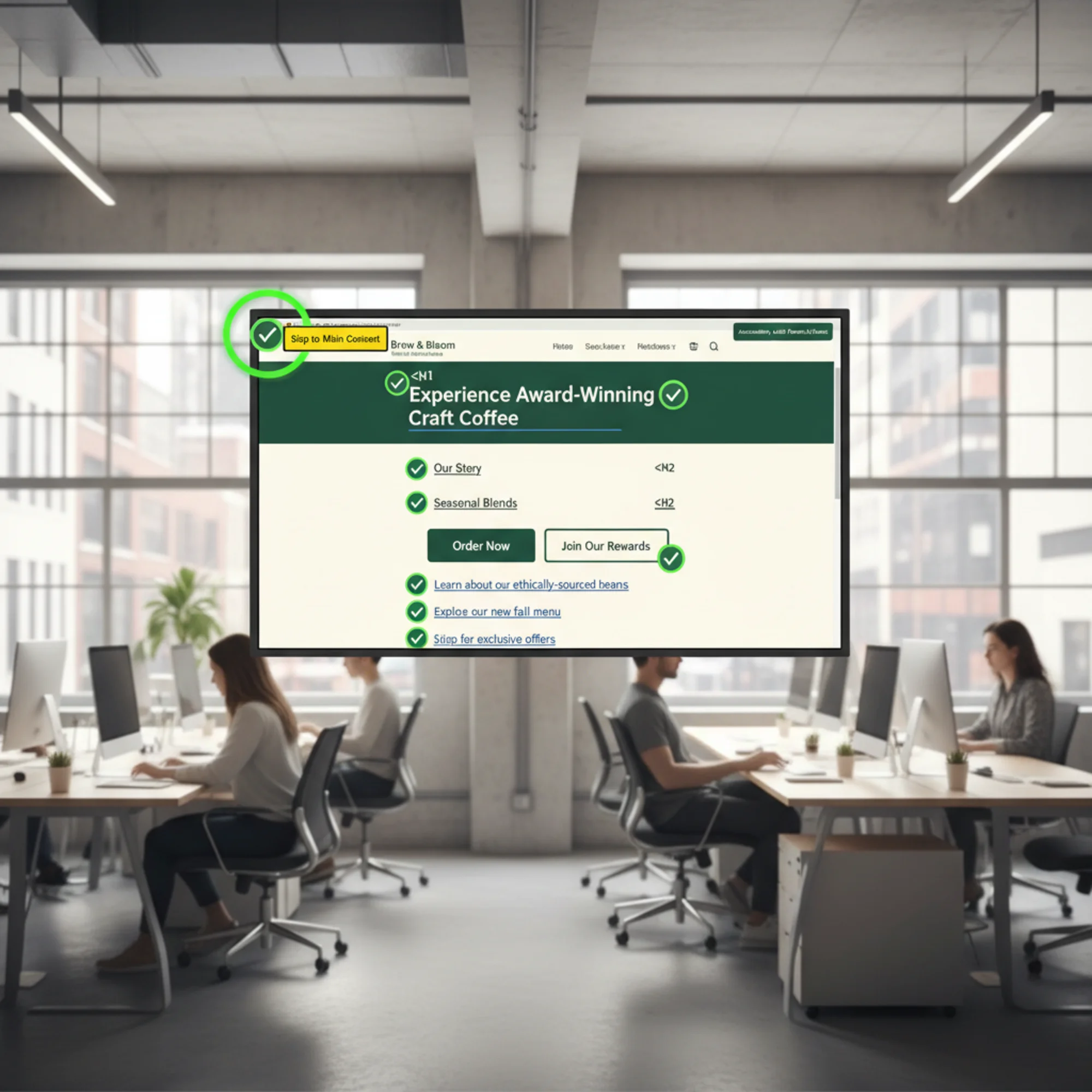 A polished small business website with proper heading hierarchy, high-contrast call-to-action buttons, descriptive link text, and a visible skip-to-content link — all elements showing green passing indicators from an accessibility checker