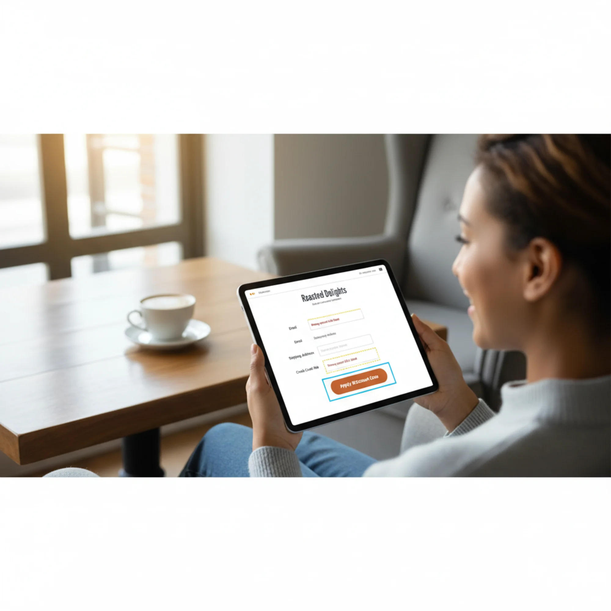 A customer using a tablet to complete a checkout form on a small business website, with clear large buttons, visible focus outlines, and high-contrast text against a clean white background