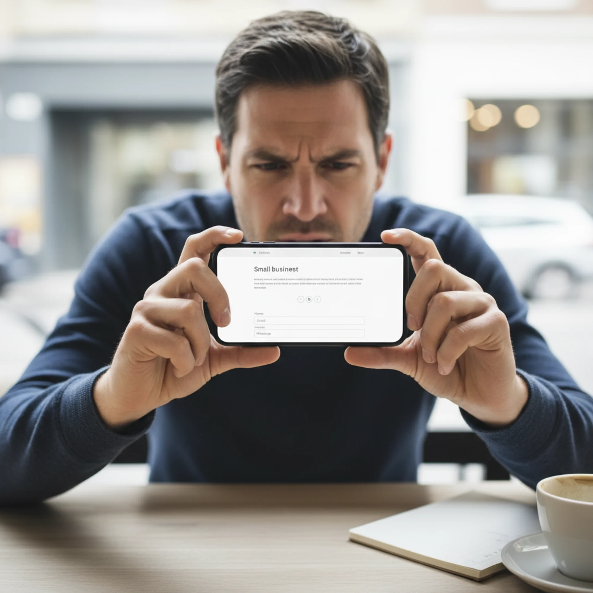 A frustrated visitor squinting at a small business website on their phone, with low-contrast gray text on a white background, tiny tap targets overlapping, and a form with unlabeled input fields