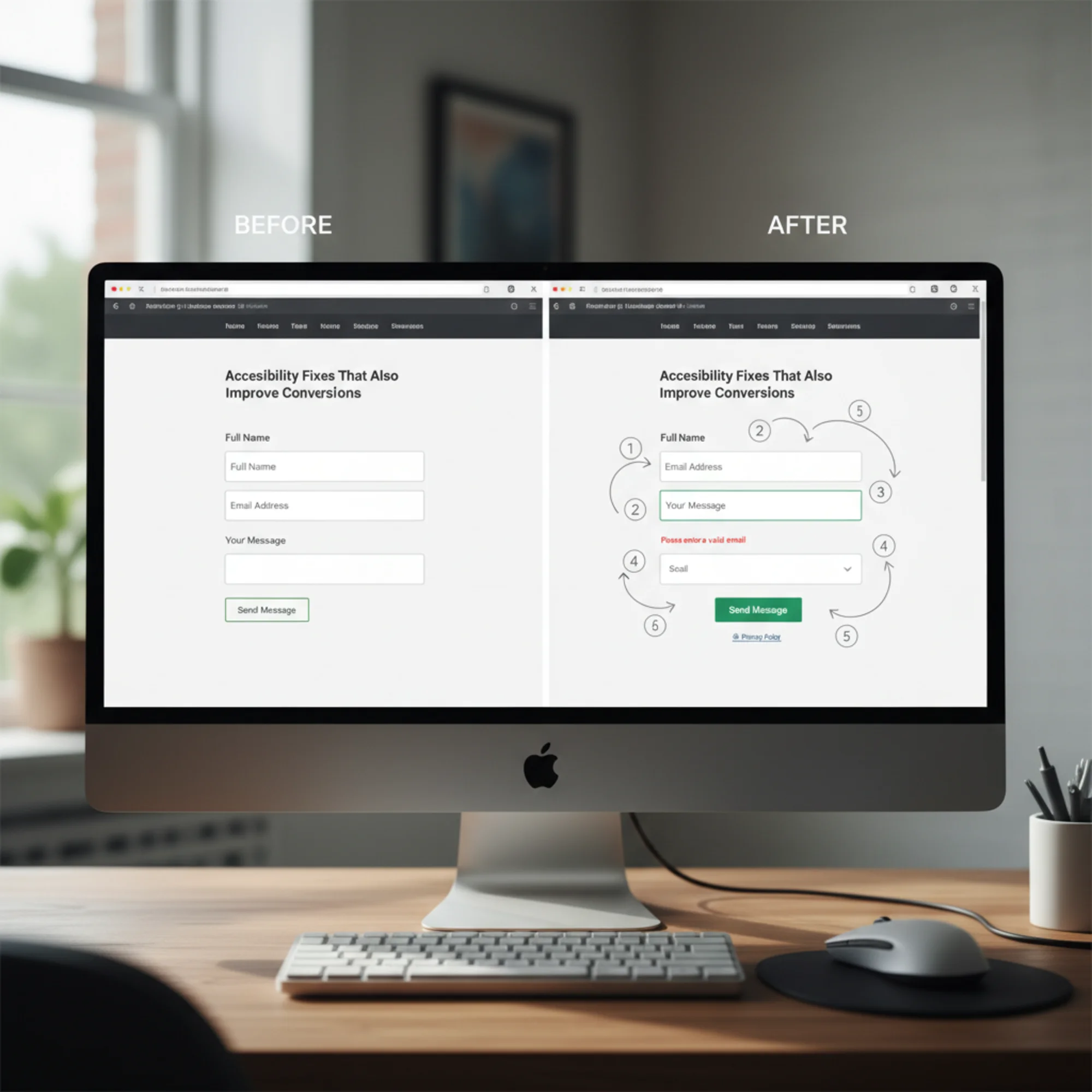 A side-by-side before-and-after comparison of a contact form: the left showing cramped fields with no labels and poor spacing, the right showing the same form with visible labels, clear error messages, and logical tab order highlighted with numbered arrows
