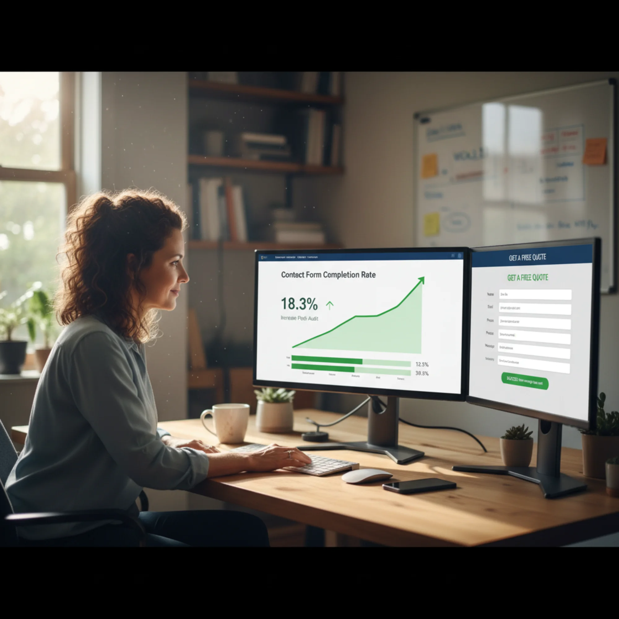 A small business owner viewing their analytics dashboard showing a measurable increase in form completion rate after accessibility improvements, with a green upward trend line and a completed contact form visible on a second monitor