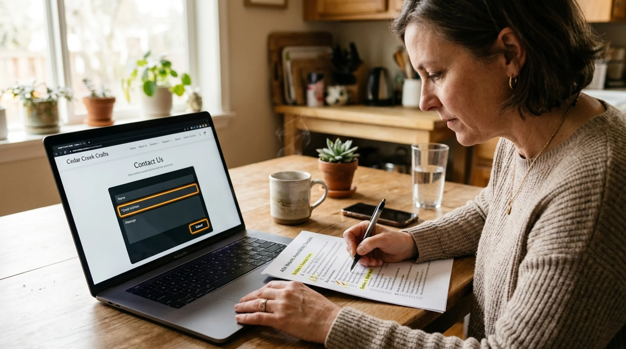 A small business owner at a kitchen table reviewing a printed website accessibility checklist next to an open laptop showing a contact form with visible focus outlines, warm morning light, realistic photography