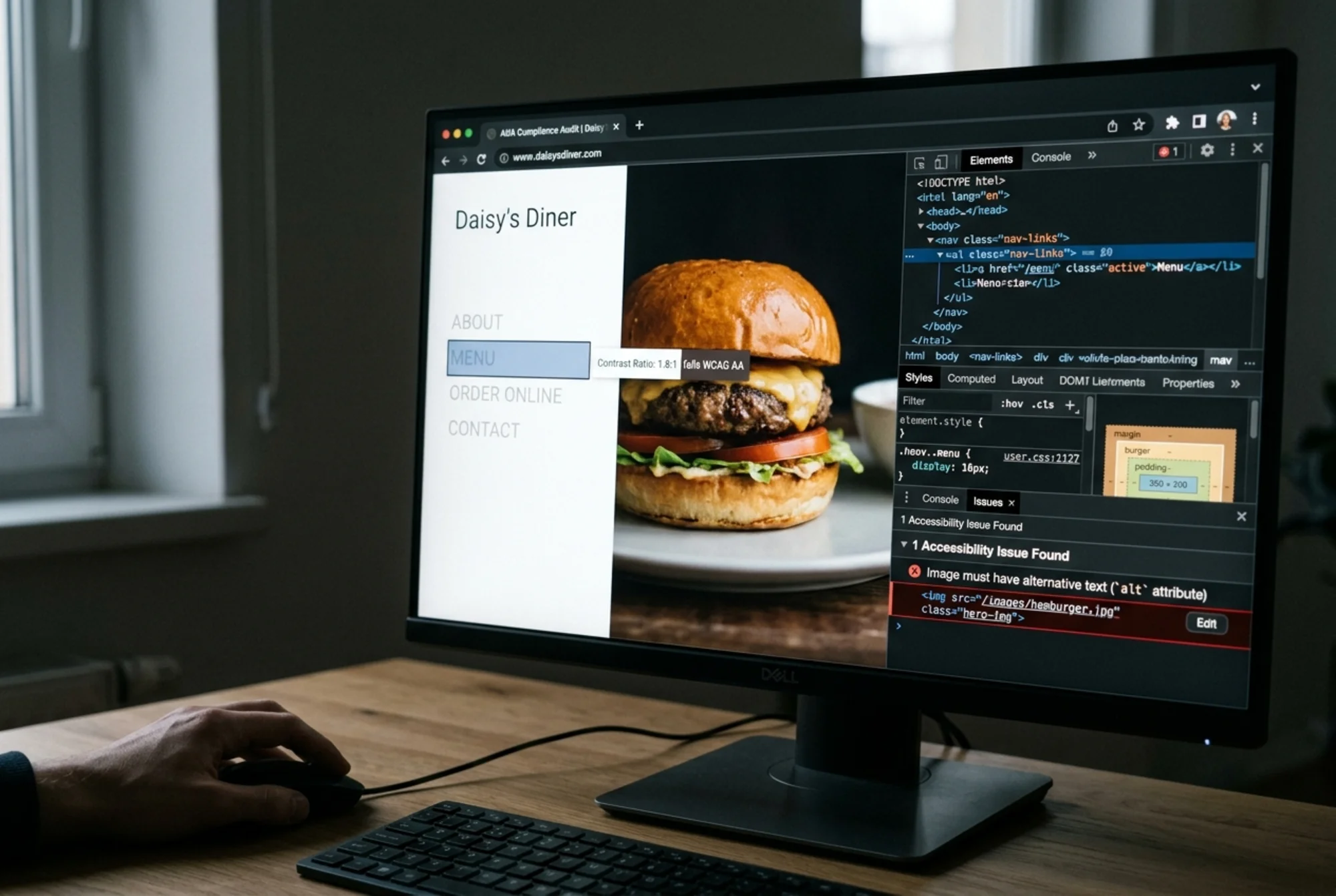 A close-up browser developer tools panel highlighting a low-contrast gray-on-white navigation menu and a missing alt attribute warning on a small business homepage, tense focused lighting, realistic screenshot composition