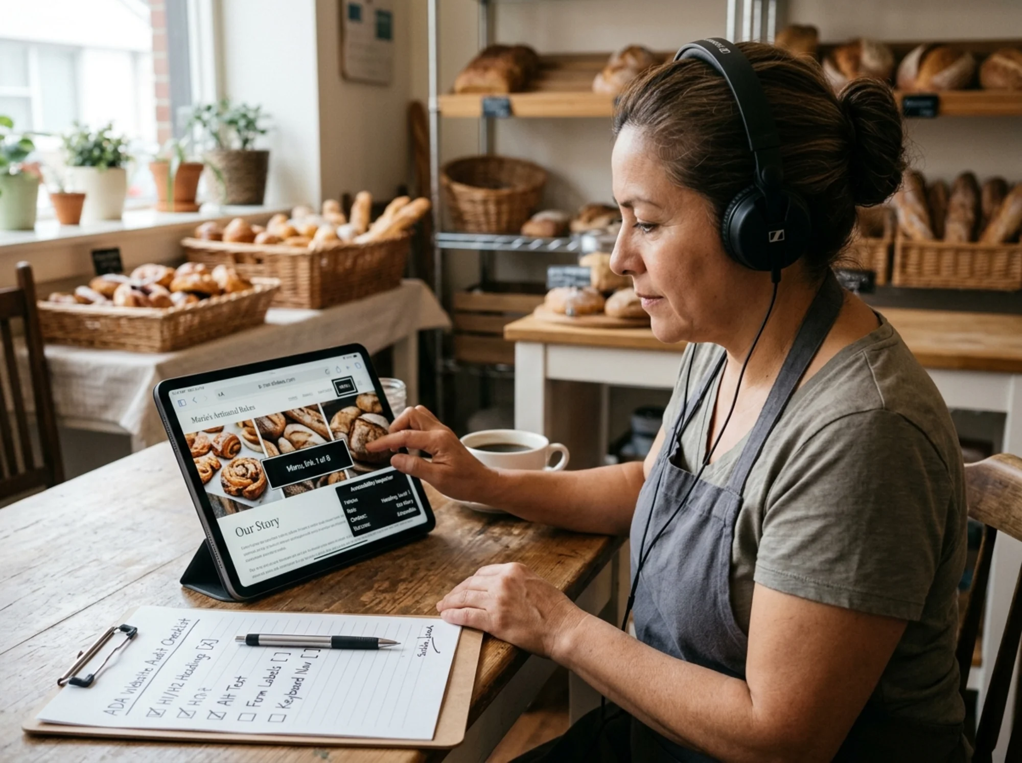 A bakery owner running VoiceOver on her storefront website while an on-screen checklist verifies heading structure, alt text, and form labels one by one, calm focused atmosphere, realistic photography