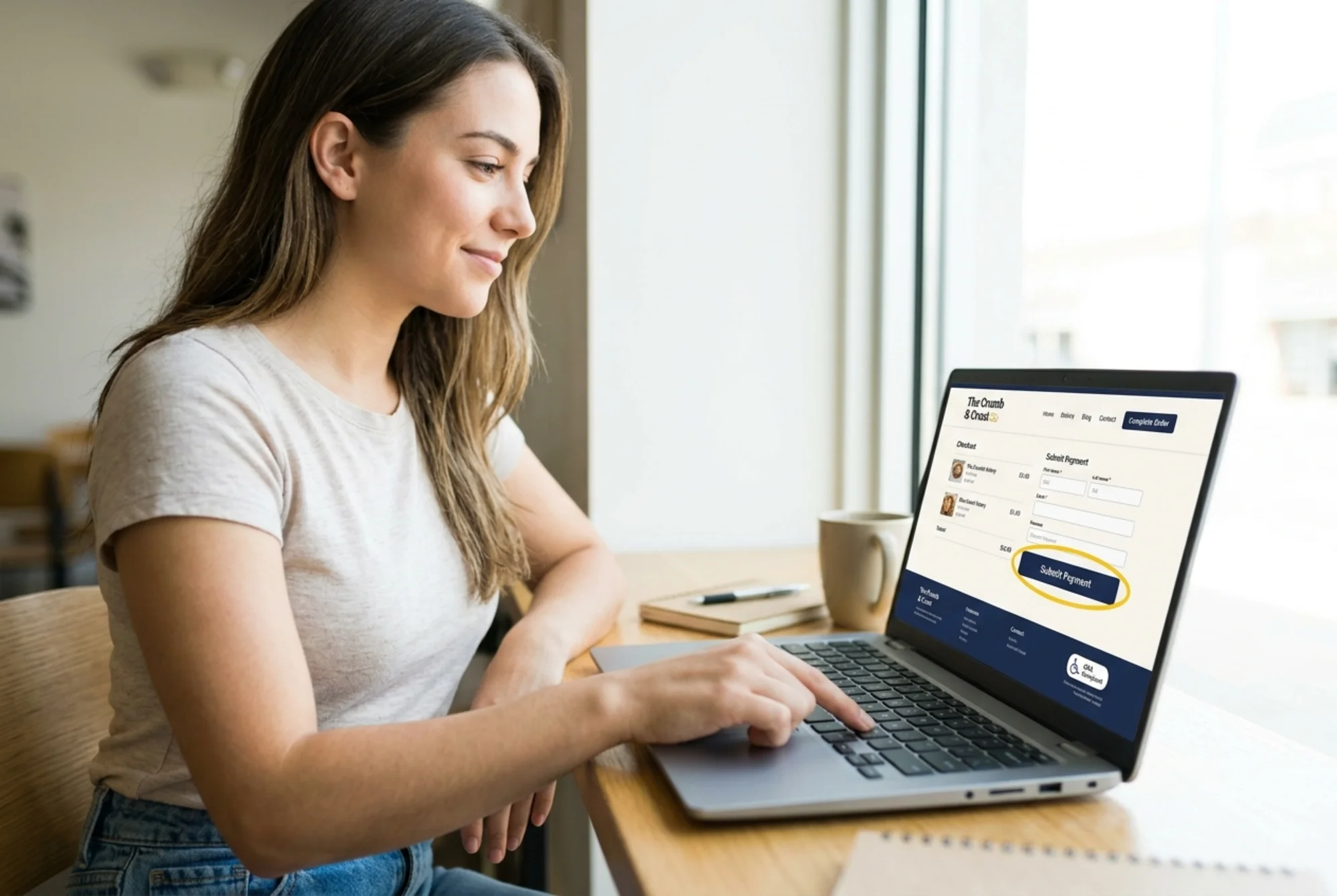A redesigned small business homepage with strong color contrast, visible focus rings on buttons, and a confident customer completing a checkout using keyboard-only navigation, bright optimistic lighting, realistic photography