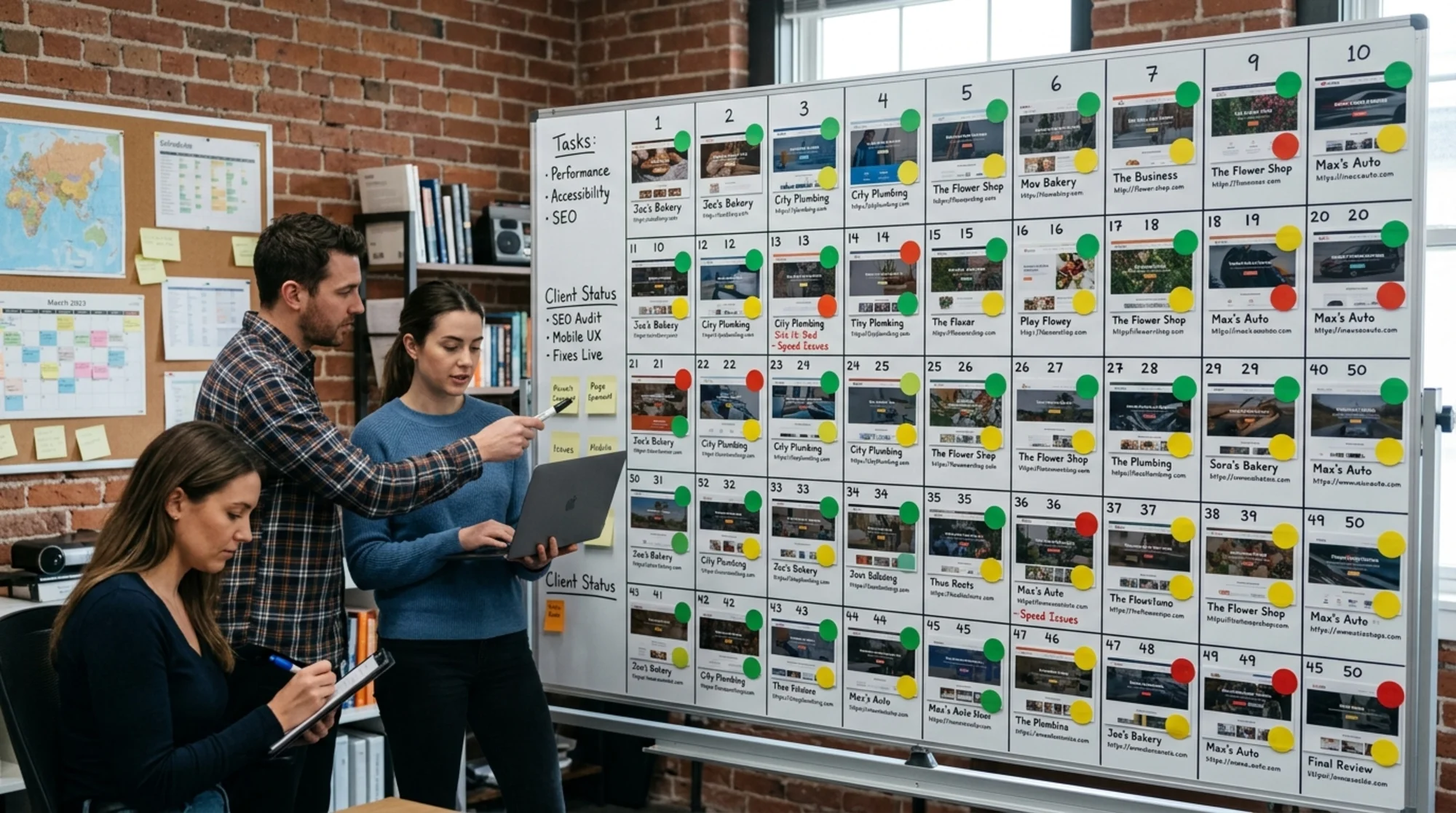 Three-person agency project board showing 50 small business website thumbnails in a 5x10 grid, each tile marked with a green, yellow, or red status sticker and the audit stage written beneath in marker