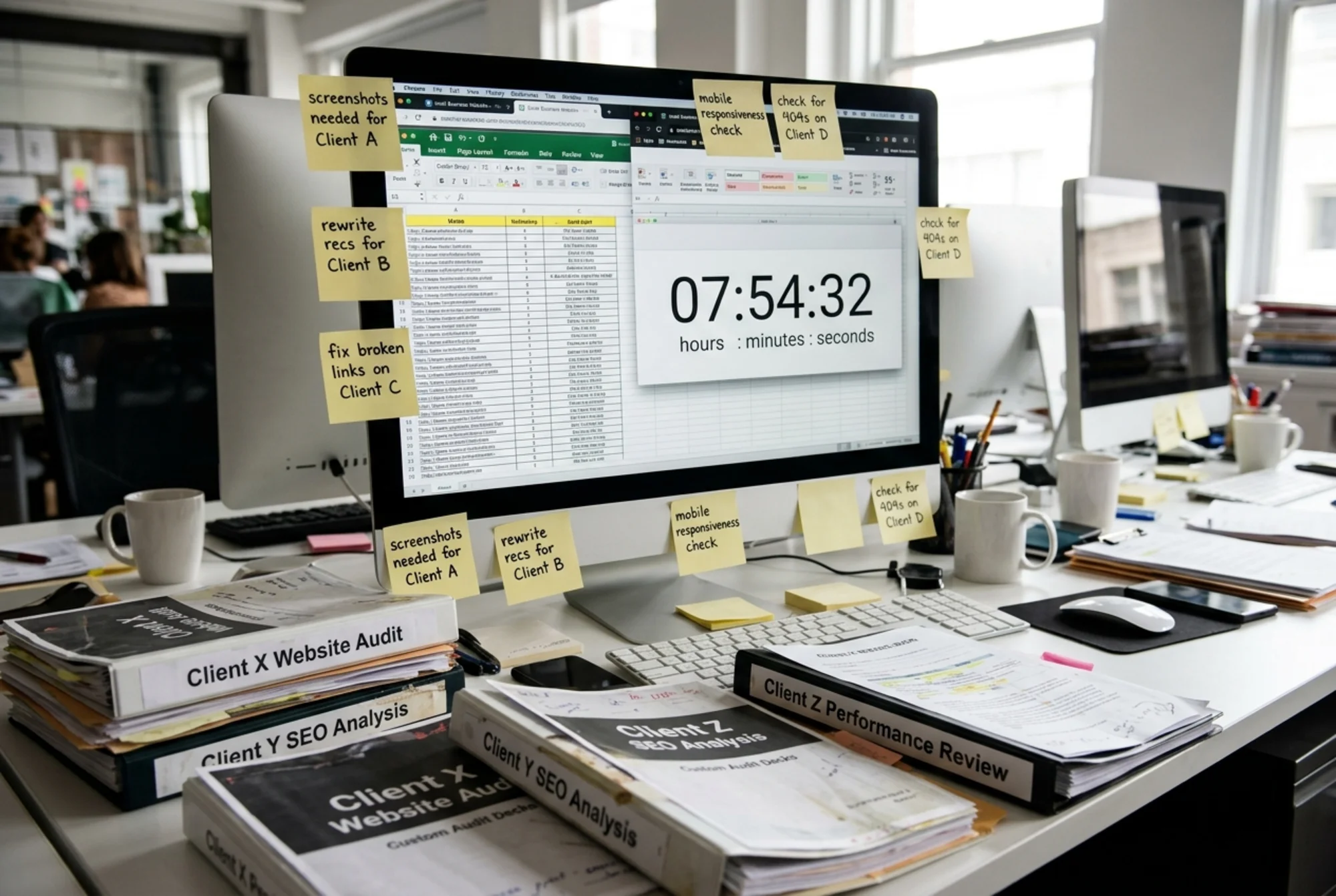 Agency desk piled with custom-branded client audit decks from the old workflow, an eight-hour timer visible on a monitor, sticky notes covering the bezel reading "screenshots needed" and "rewrite recs"