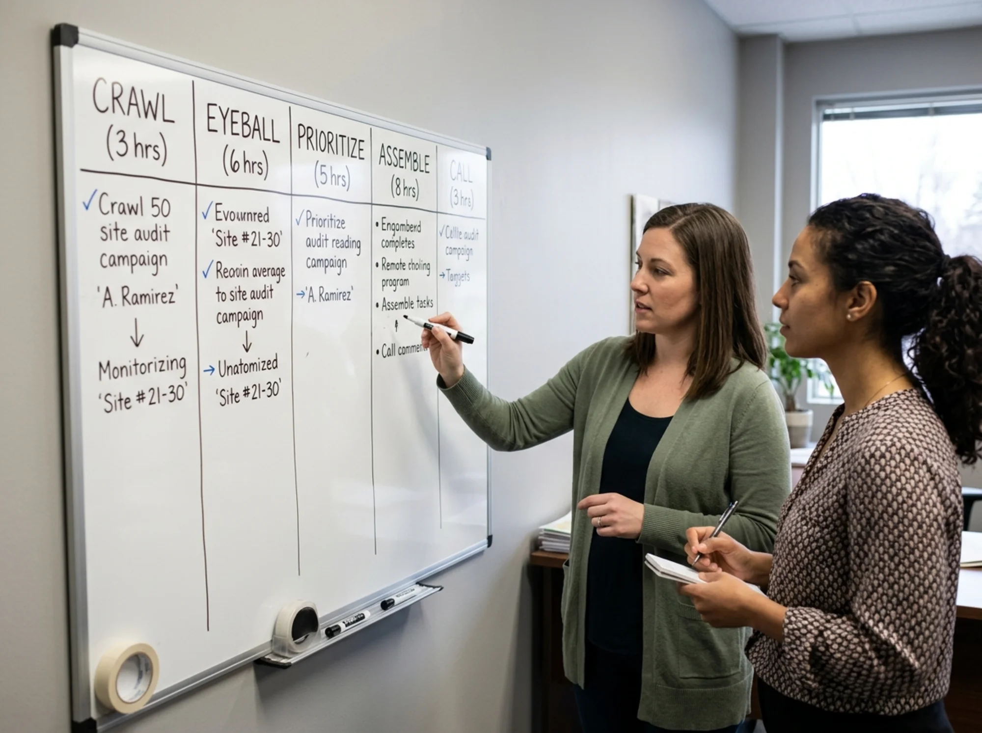 Whiteboard divided into five labeled columns — crawl, eyeball, prioritize, assemble, call — with strict time budgets written under each header, two agency teammates mid-discussion at the board