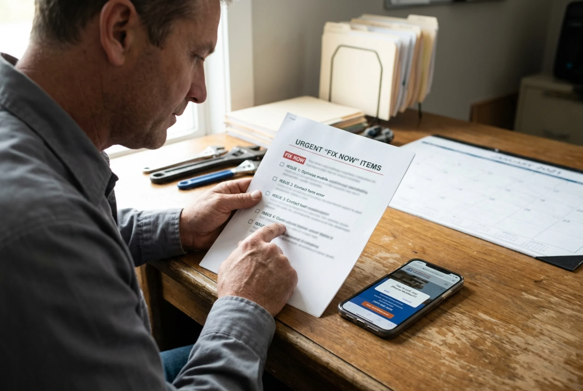 Small business owner of a plumbing company reading a printed audit cover sheet that lists exactly five "fix now" items, with a phone next to the report showing a tap-to-call test in progress