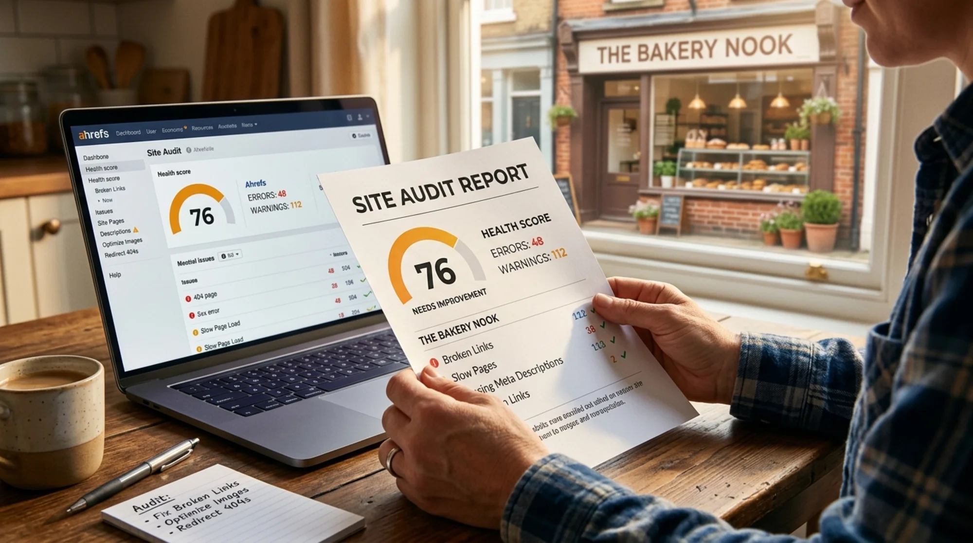 Close-up of a small business owner's hands holding a printed Ahrefs Site Audit health score sheet at a kitchen table next to a laptop showing the Ahrefs dashboard with a health score gauge, warm morning light, a small bakery storefront softly out of focus through the window in the background