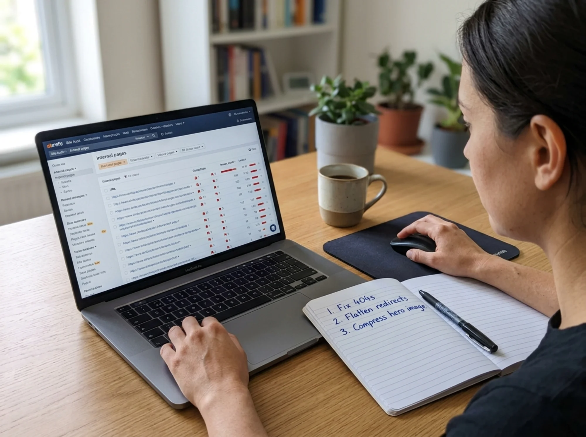 A focused desk workspace with the Ahrefs Site Audit "Internal pages" report open on a laptop sorted by issue count, a paper notebook beside it with a numbered handwritten list of three priority fixes — "1. Fix 404s, 2. Flatten redirects, 3. Compress hero image" — and a pen resting on the page