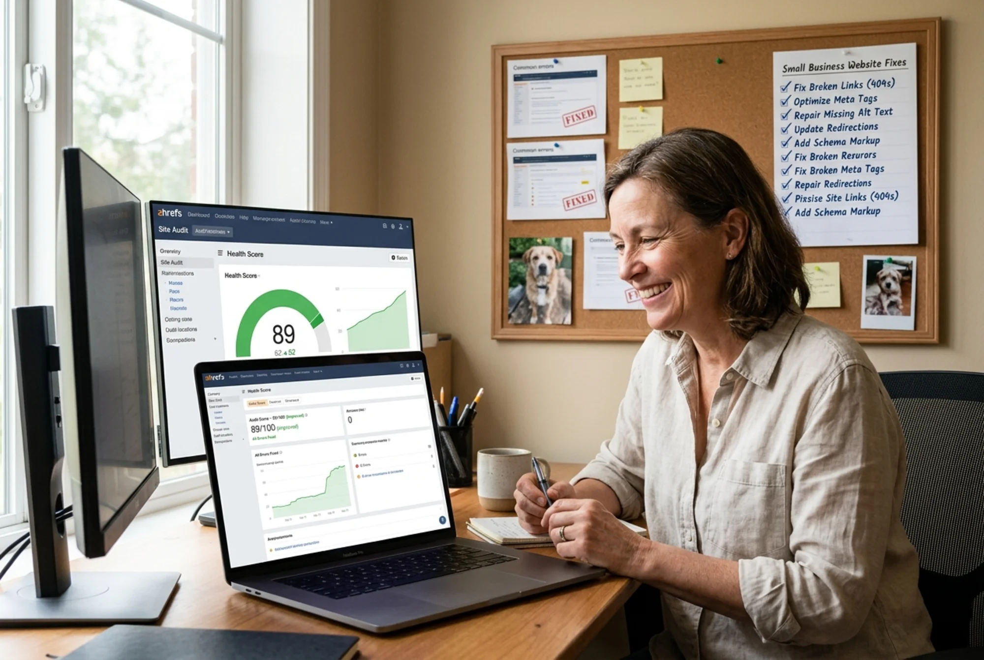 A small business owner smiling at a laptop screen showing the Ahrefs Site Audit health score gauge having moved from 62 to 89, a corkboard behind the monitor pinned with a tidy printed checklist of crossed-off fixes, soft natural light from a window on the side