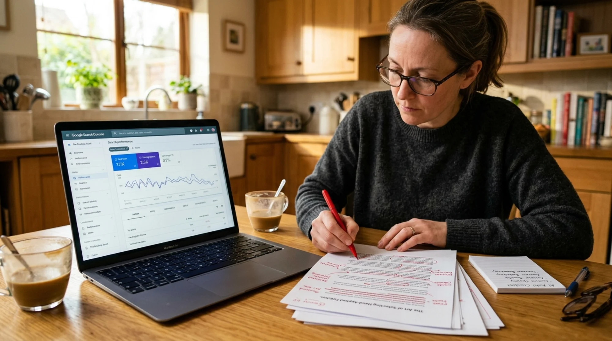 A small business owner at a kitchen table reviewing a printed blog draft with red pen marks beside a laptop showing a Google Search Console performance chart, warm morning light, realistic photo