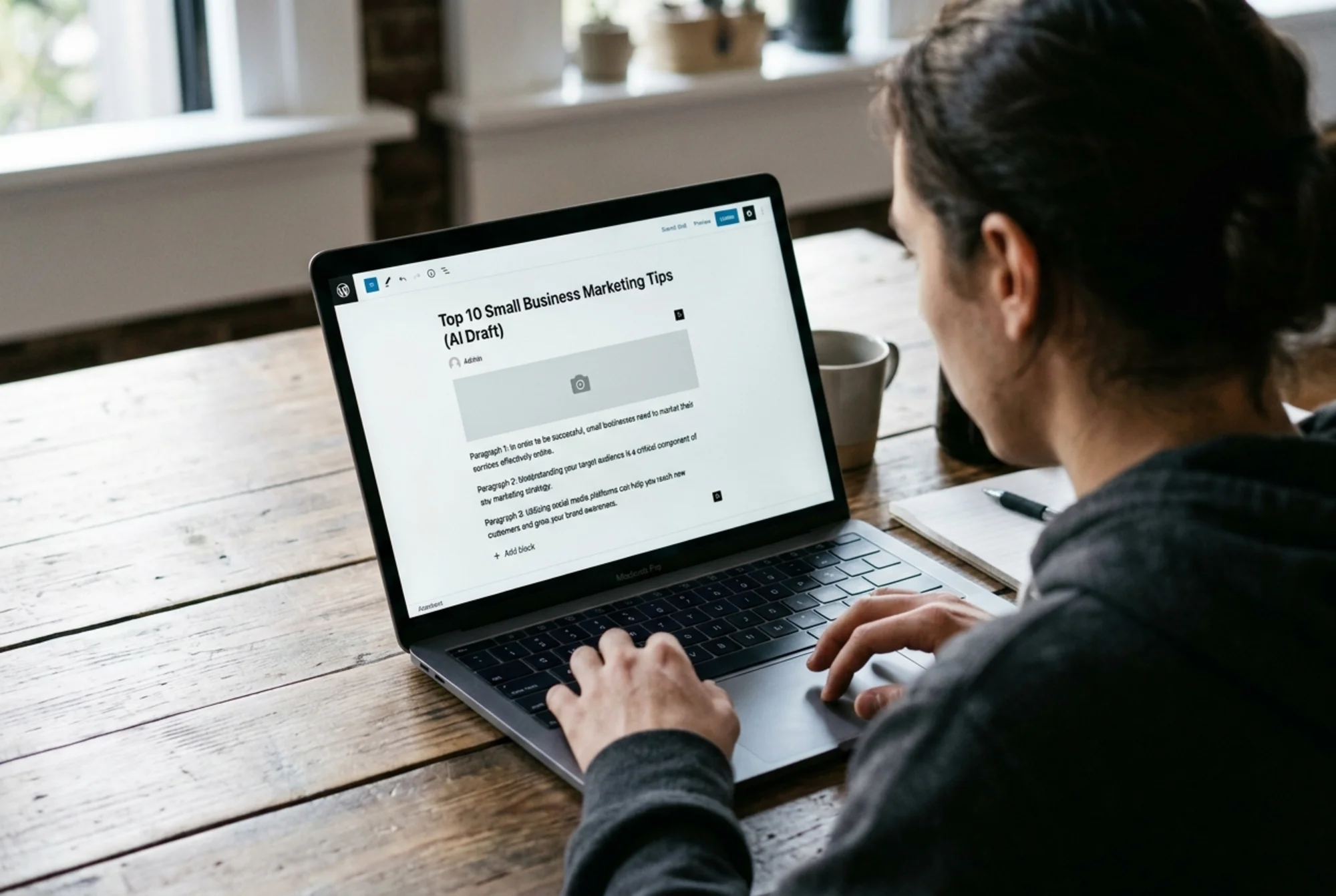A WordPress block editor on a laptop screen showing a generic AI-drafted "Top 10 Tips" post with thin paragraphs, "Admin" byline, and a blank featured image slot, viewed over the shoulder of a frustrated marketer
