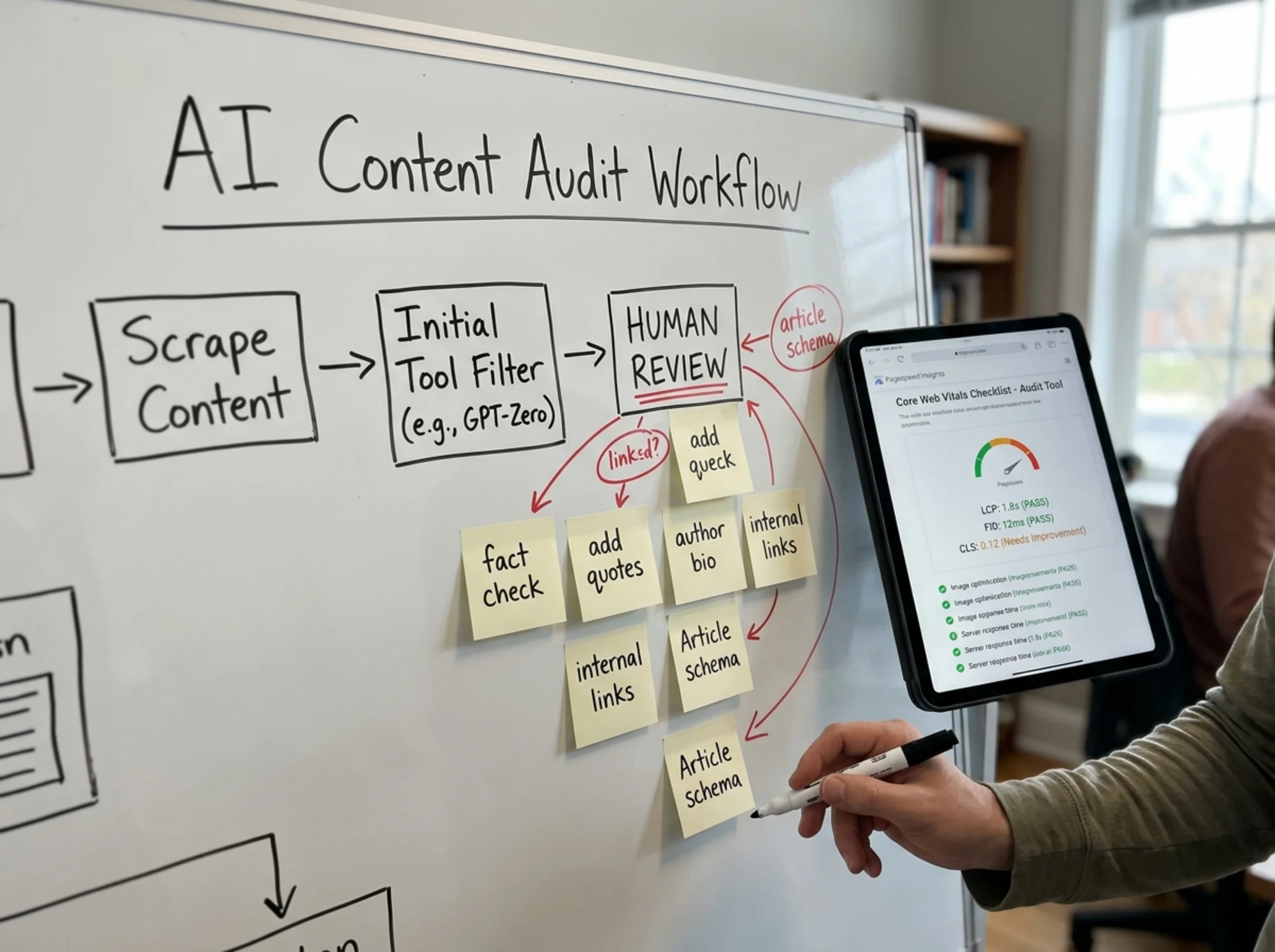 A whiteboard mapping an AI content audit workflow with handwritten sticky notes labeled "fact check," "add quotes," "author bio," "internal links," "Article schema," next to a tablet displaying a Core Web Vitals checklist
