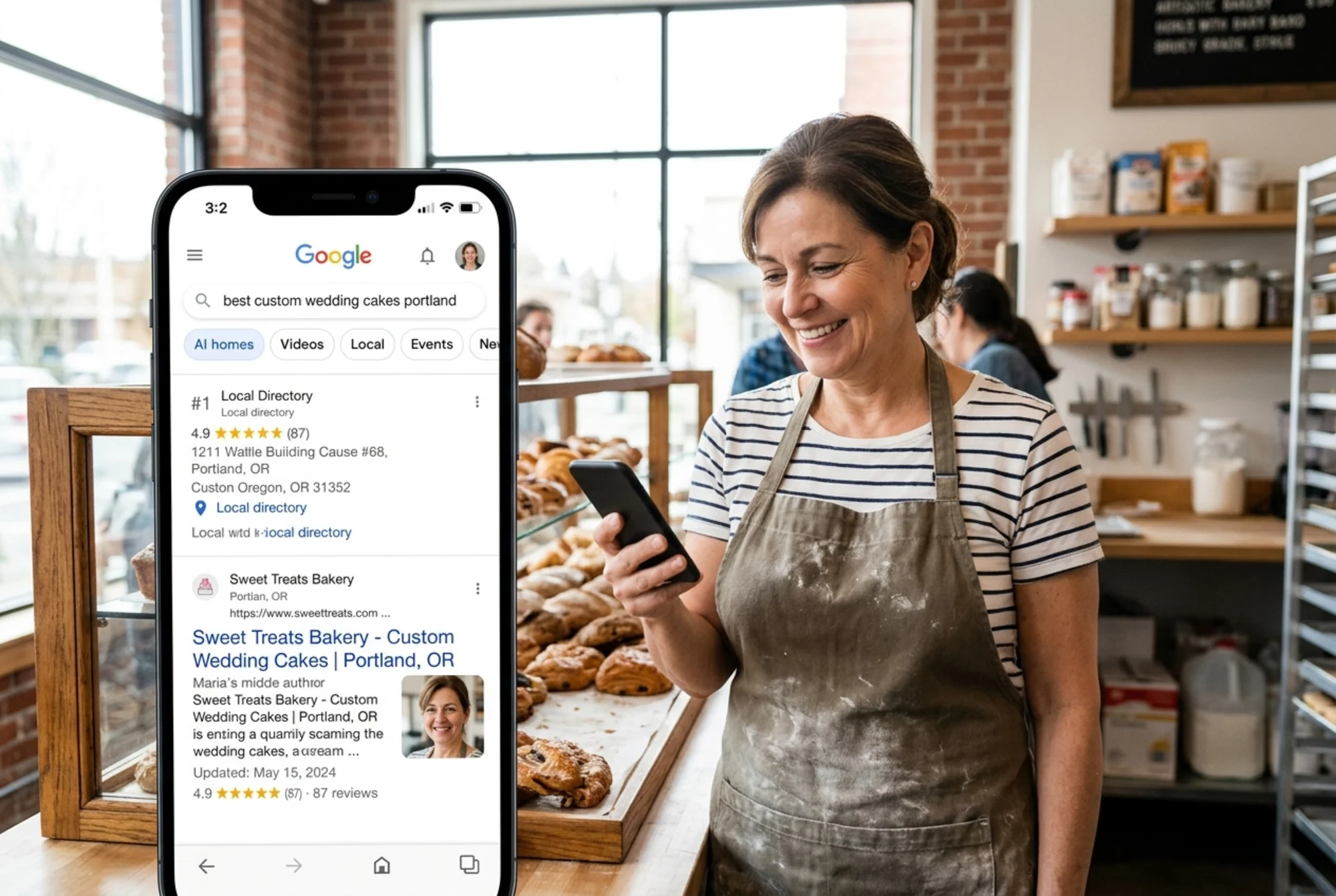 A bakery owner smiling at her phone showing a Google search result where her shop's wedding cake page ranks #2 with a clear author photo, updated date, and recipe star rating visible, bright daylight inside the shop