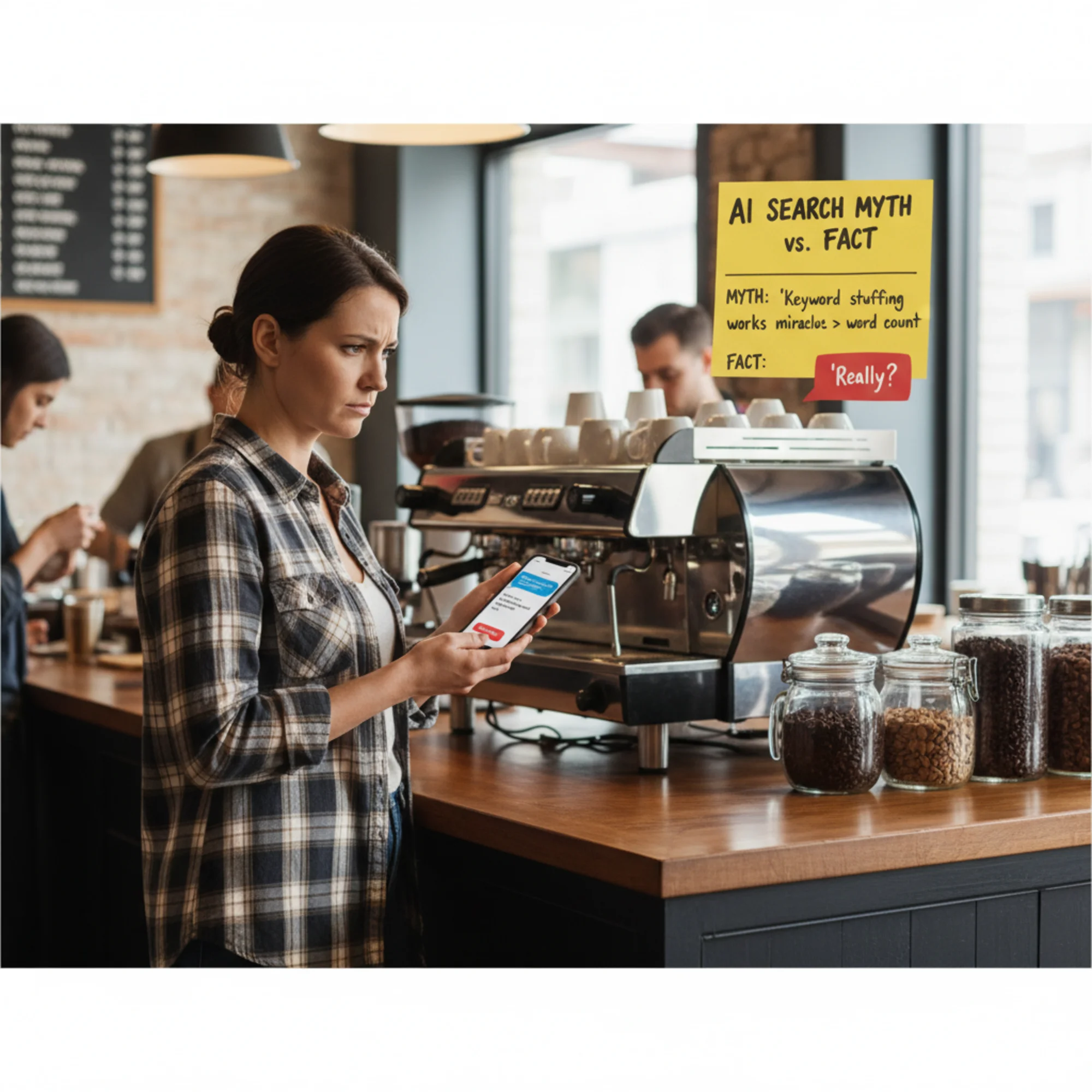 A small business owner at a coffee shop counter looking skeptically at their phone showing an AI chatbot recommendation, with a "myth vs fact" sticky note pinned to the register beside the espresso machine