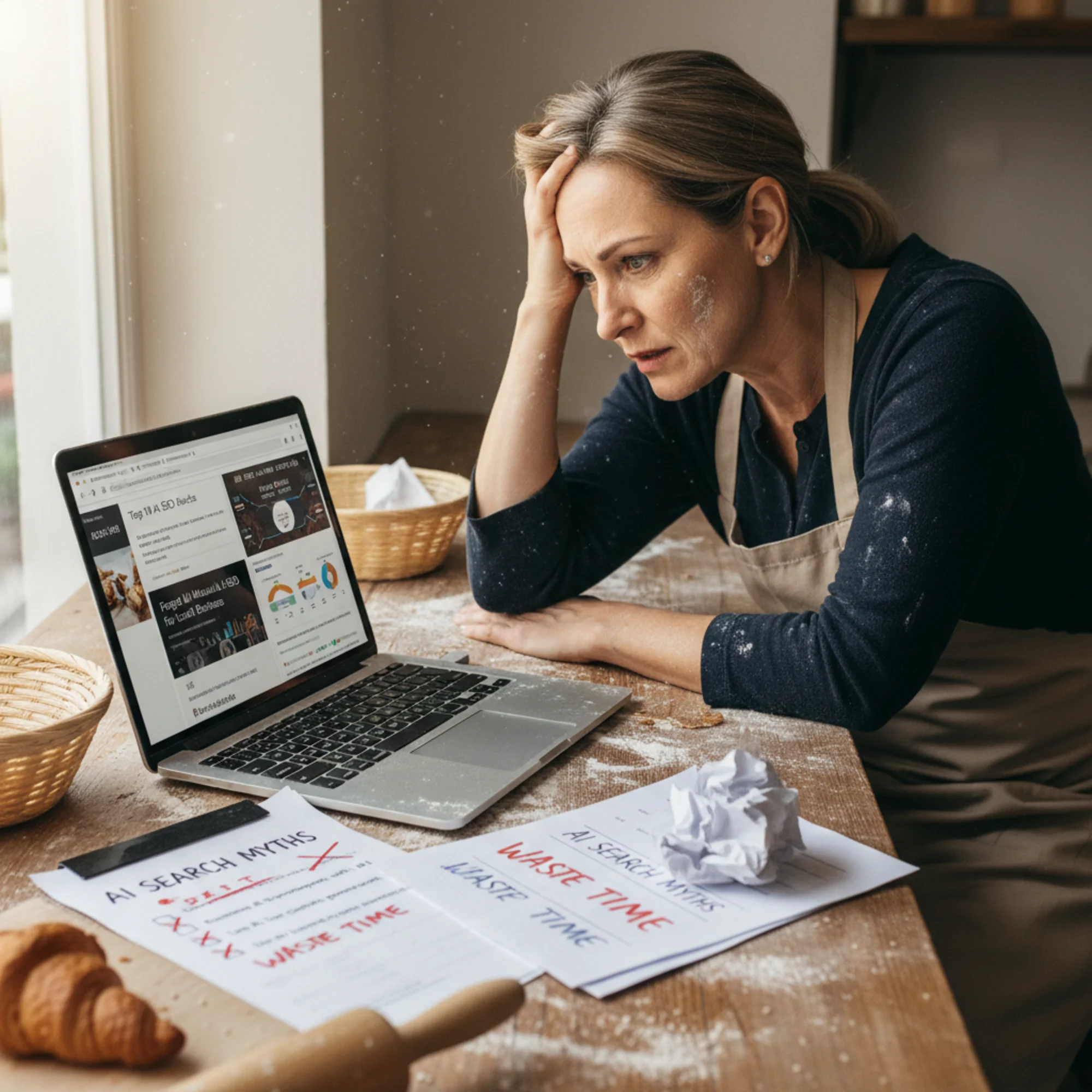 A frustrated bakery owner staring at a laptop screen filled with conflicting SEO advice articles and AI optimization tips, with printed myth-busting checklists and crossed-out headlines scattered across a flour-dusted counter