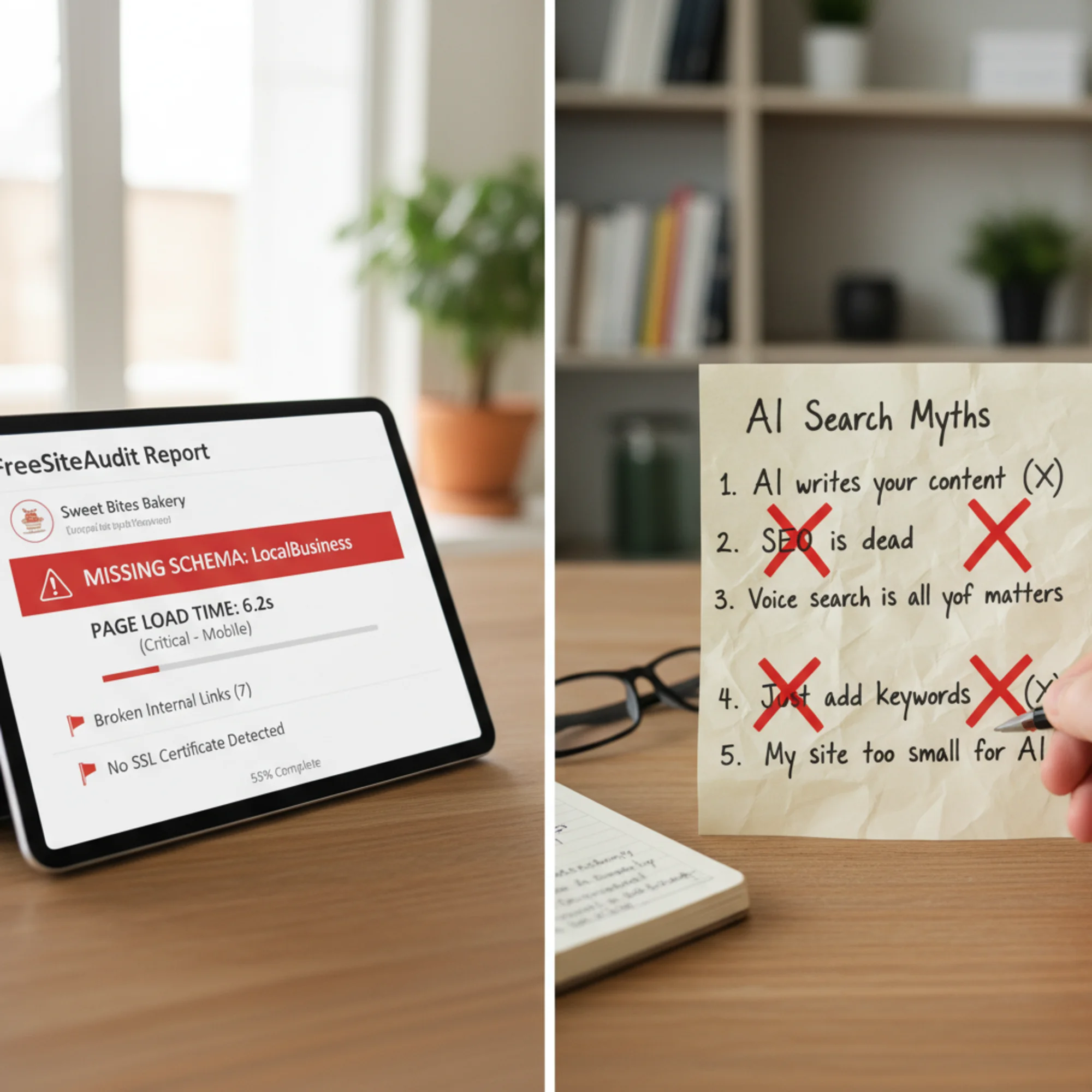 A split-screen view of a FreeSiteAudit report on one side highlighting real issues like missing LocalBusiness schema and a 6-second load time, contrasted with a handwritten list of crossed-out AI search myths on the other side