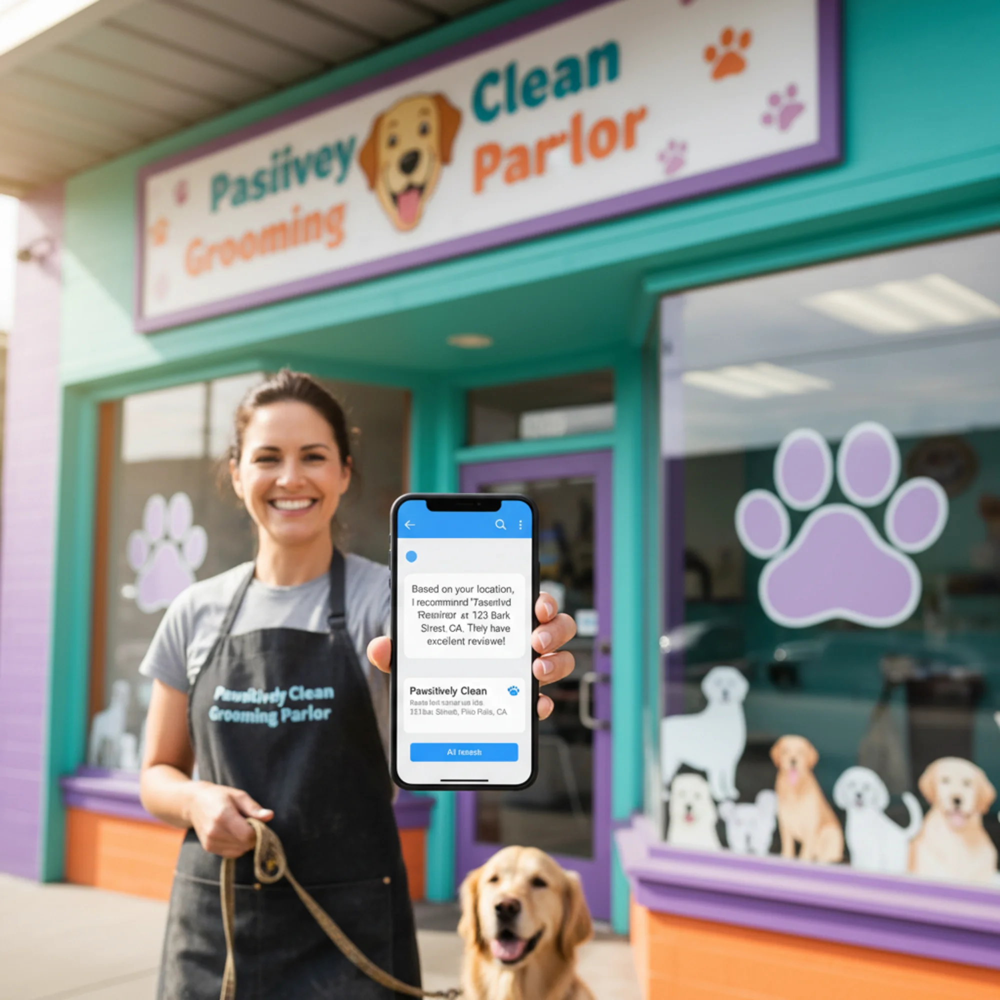A happy dog grooming shop owner checking their phone where an AI assistant accurately recommends their grooming business by name and address, with the shop's colorful storefront sign and paw-print logo visible in the background