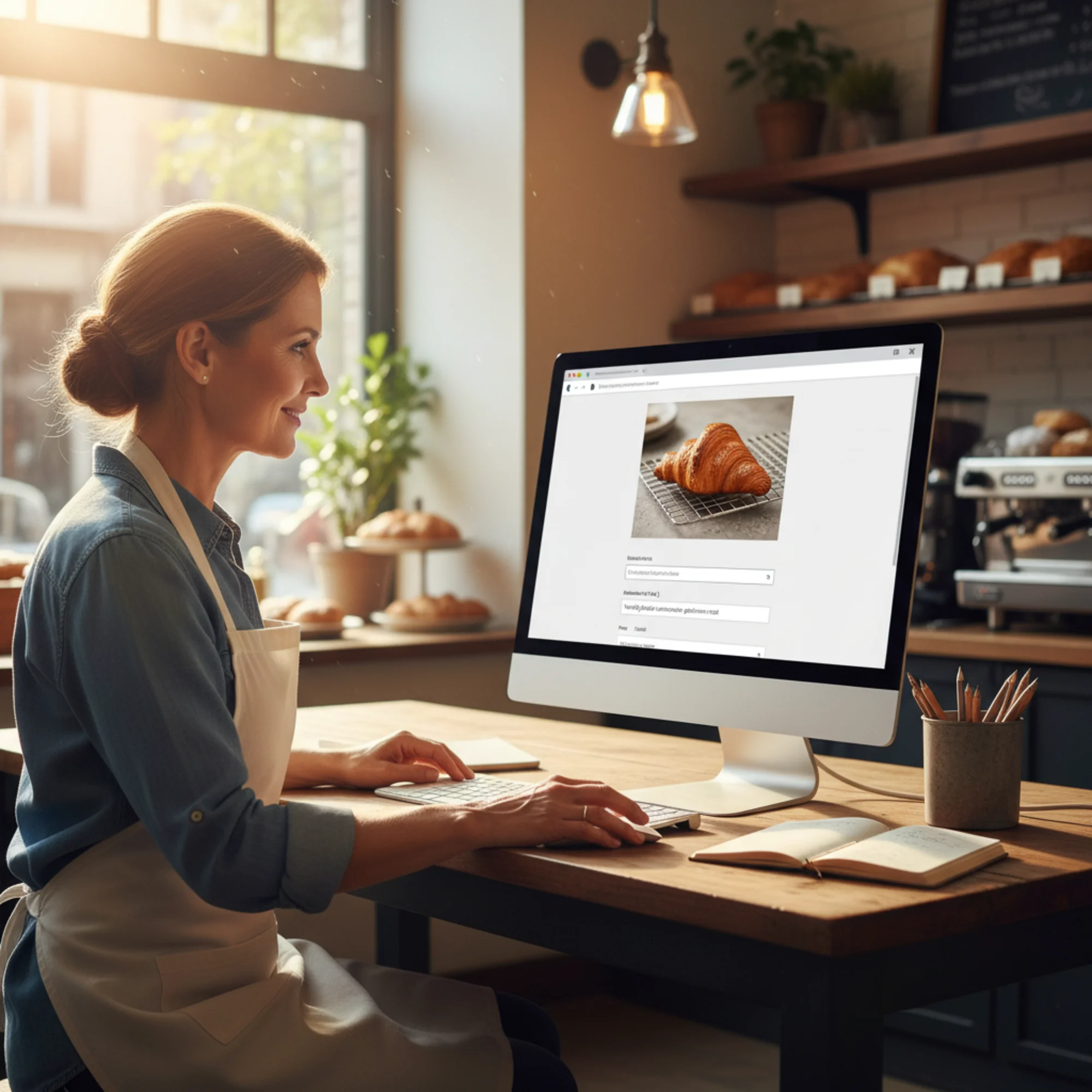 A small business bakery owner editing a product page in WordPress, with the alt text input field visible beneath a photo of a croissant, warm natural lighting from a shop window