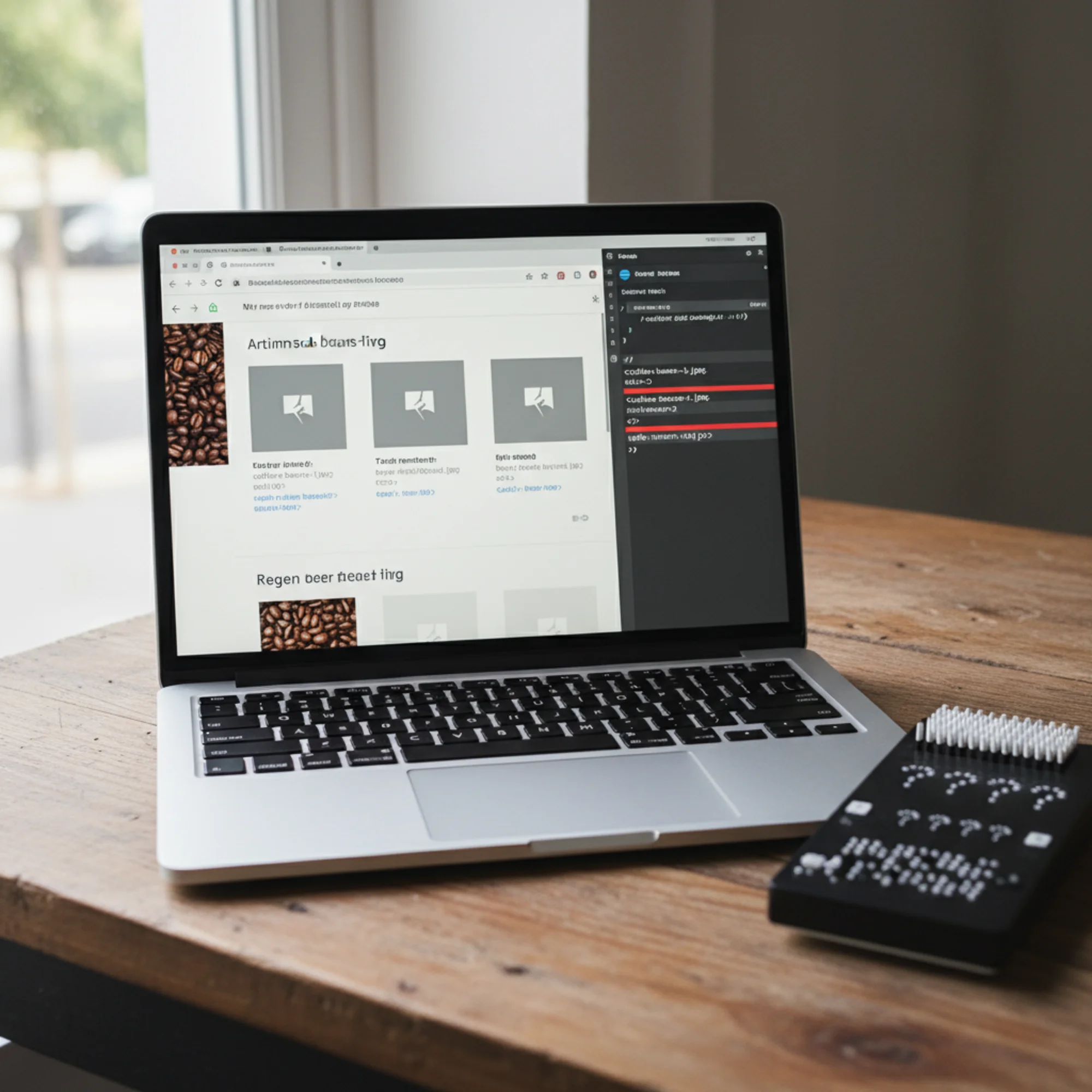 A laptop screen showing a webpage with three broken image icons and red-highlighted empty alt attributes in the DevTools inspector panel, next to a braille display showing question marks