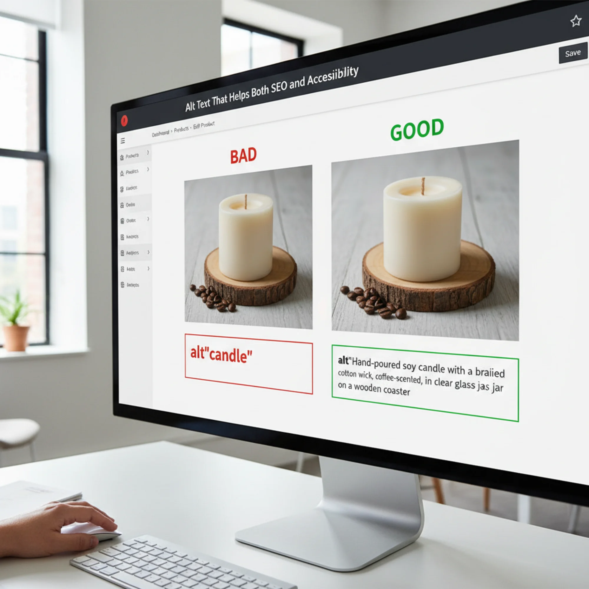 A split-screen comparison of the same handmade candle product photo — left side labeled BAD with alt text reading just "candle" in red, right side labeled GOOD with descriptive alt text highlighted in green