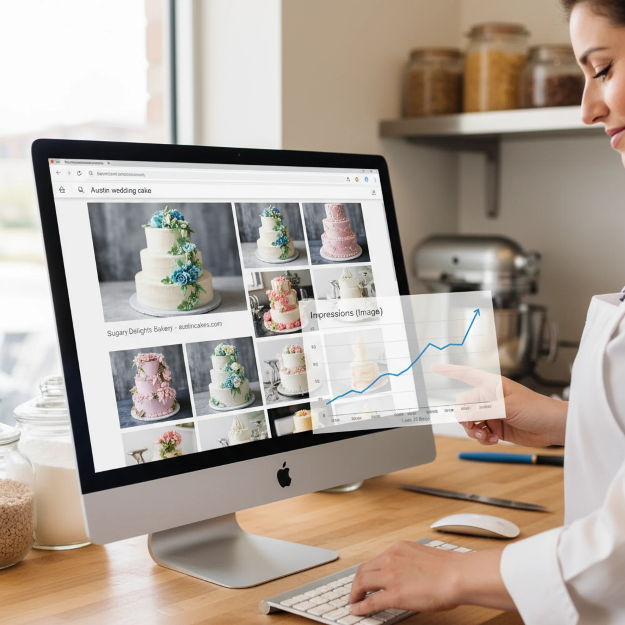 A Google Image Search results page for "Austin wedding cake" showing a local bakery's three-tier cake photo ranking in the top row, with a Google Search Console impressions graph overlaid showing an upward trend