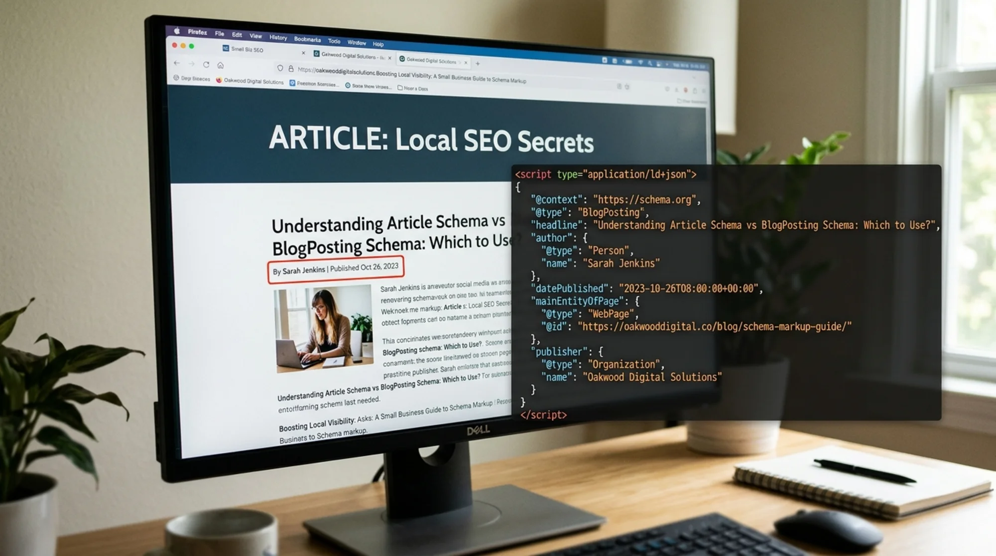 Close-up of a small business blog post rendered in a browser with a visible byline and publish date, and a semi-transparent JSON-LD code overlay showing @type BlogPosting, headline, author, and datePublished fields