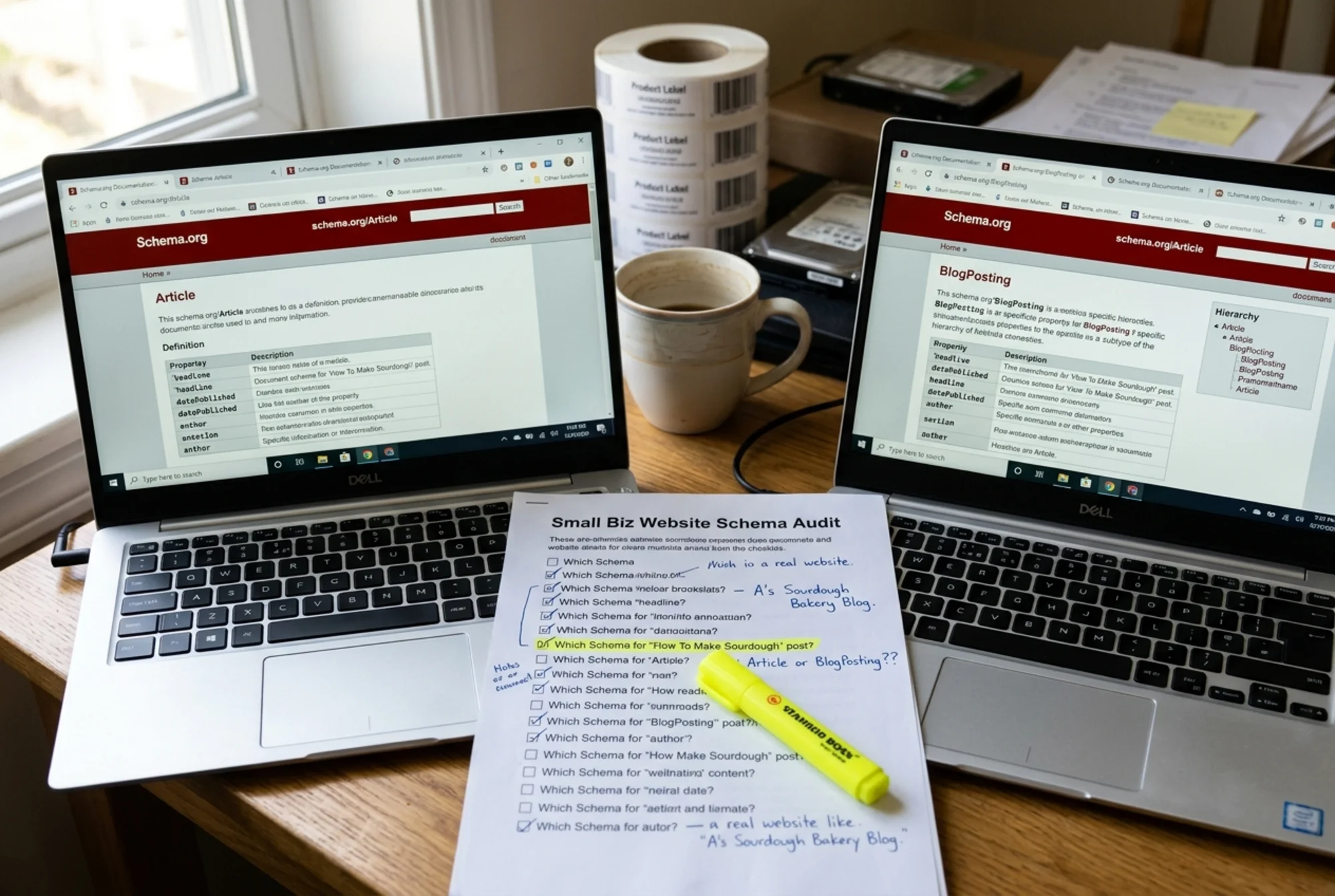 Side-by-side laptop screens on a small business owner's desk, the left tab showing a Schema.org Article reference page and the right tab showing a Schema.org BlogPosting reference page, with a printed checklist and a yellow highlighter between them