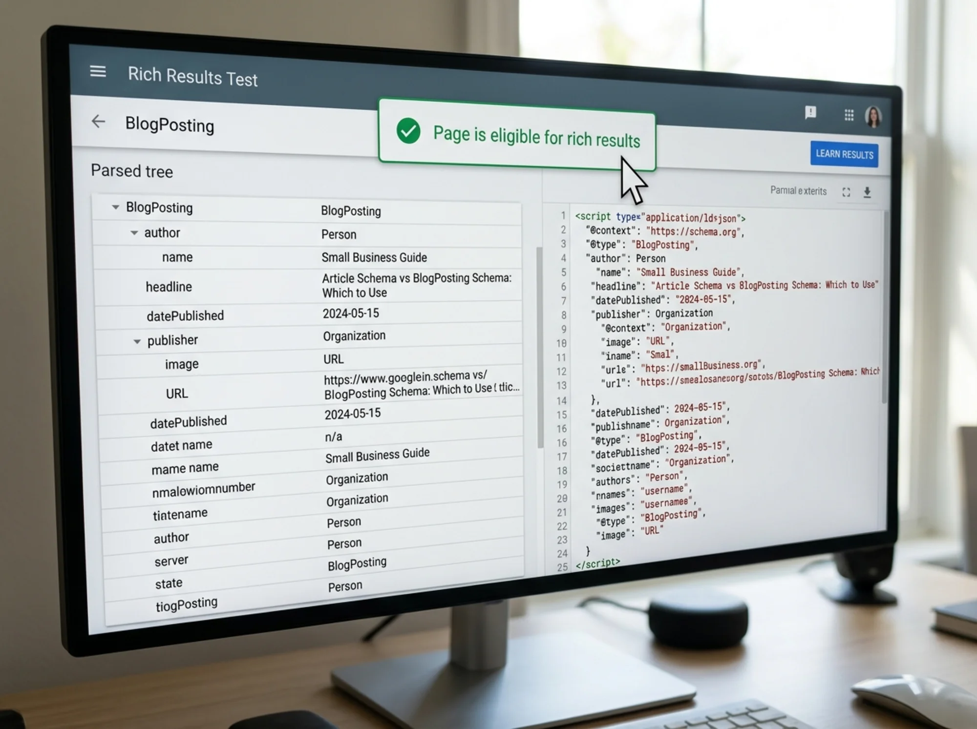 Google Rich Results Test interface filling the screen, with a parsed BlogPosting structured data tree on the left panel, the JSON-LD source on the right panel, and a cursor hovering over the green "Page is eligible for rich results" badge