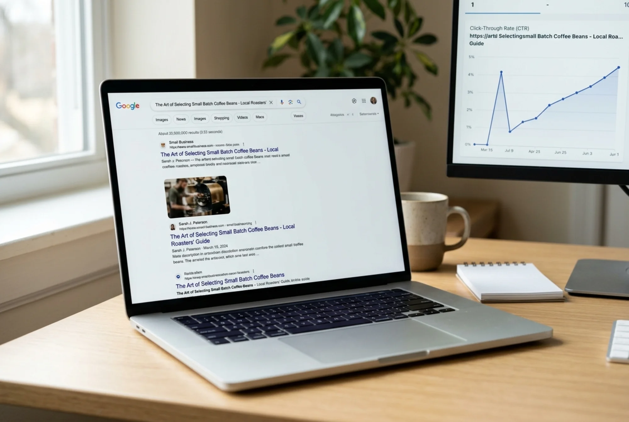 A Google search results page on a laptop showing a small business blog post snippet with author name, publish date, and a thumbnail, beside an analytics dashboard with a rising click-through-rate line chart for that URL