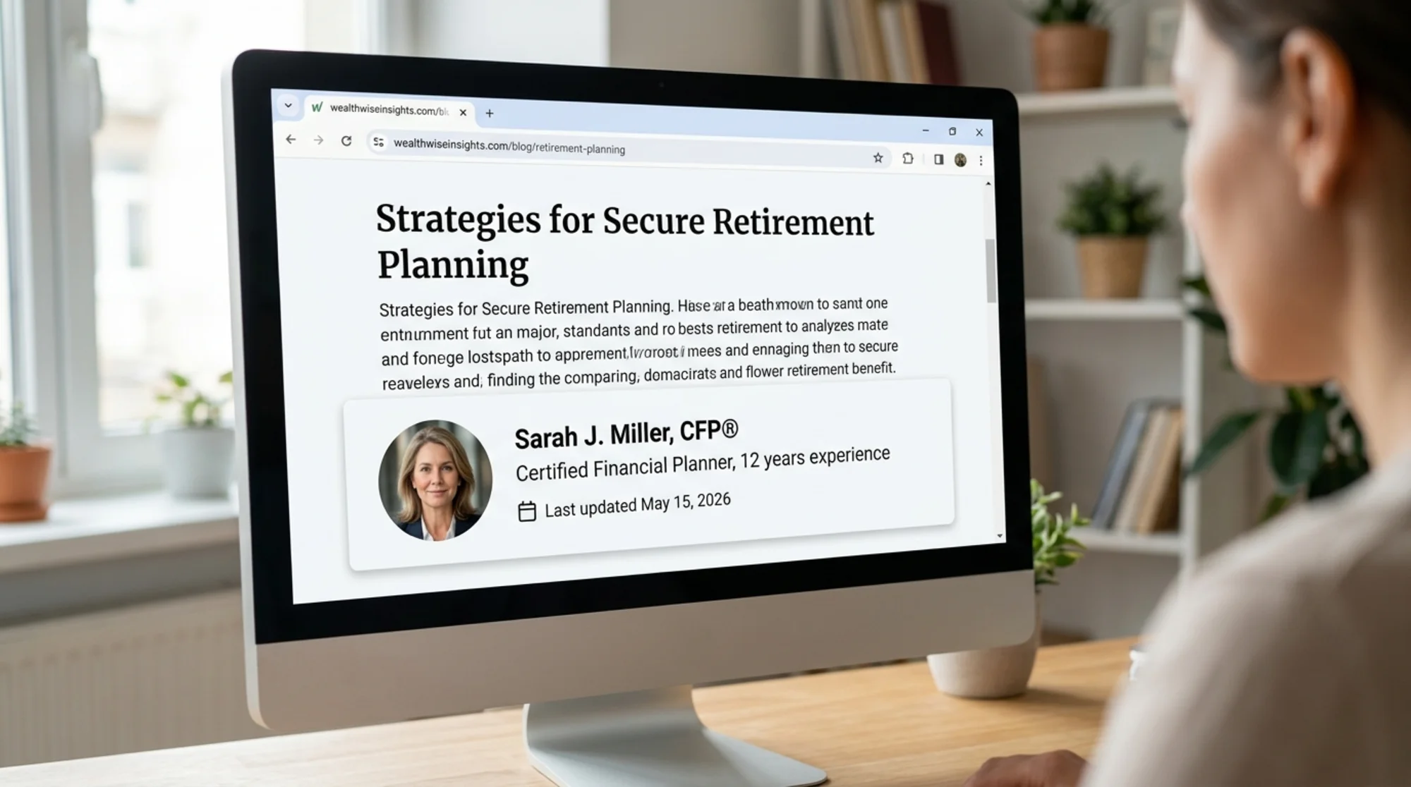 Close-up screenshot of a published blog article header in a desktop browser showing a full author byline with circular headshot, full name, one-line credential ("Certified Financial Planner, 12 years"), and "Last updated May 2026" date, clean editorial layout