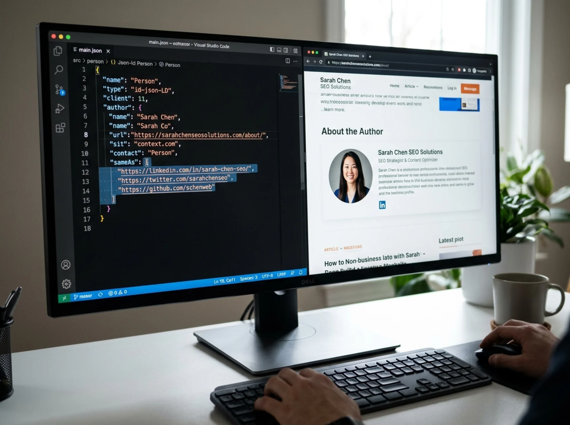 Split-screen developer view: left half shows a code editor with highlighted JSON-LD Person schema (name, url, sameAs array with linkedin.com), right half shows the rendered author bio card on the live page with headshot, credentials, and LinkedIn icon