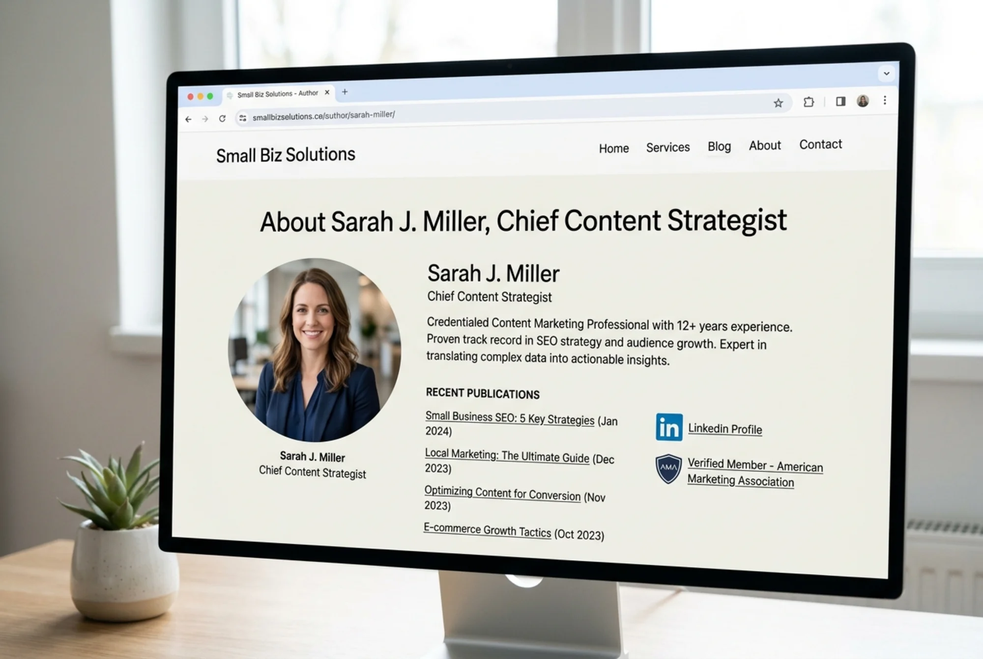 Screenshot of a finished author profile page on a small business website showing a professional headshot, a three-line credential summary, a chronological list of published article titles, and verified social profile icons linking to LinkedIn and an industry association