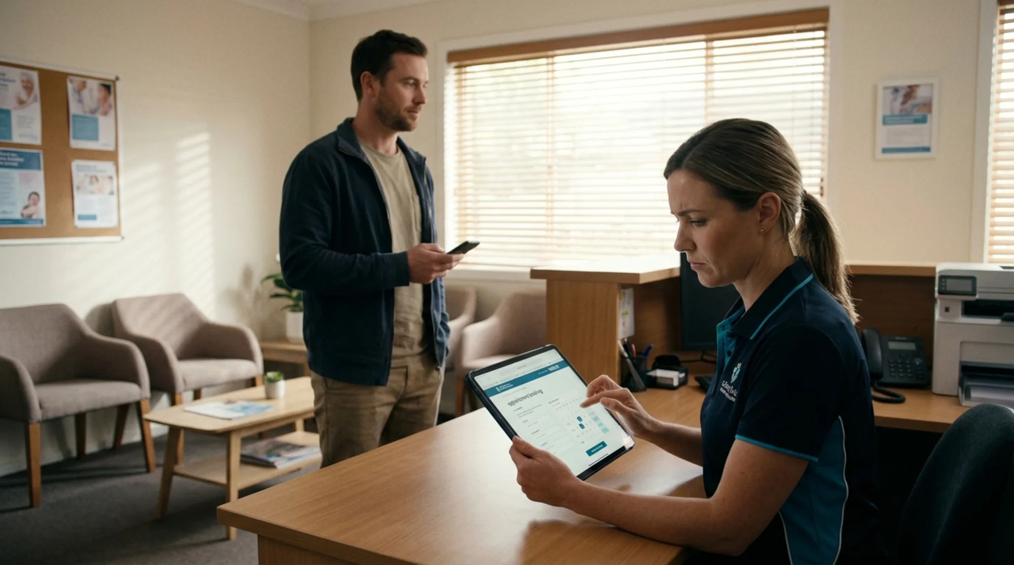 Front desk receptionist at a small medical clinic checking the clinic's appointment booking page on a tablet while a patient waits, soft natural light through window blinds, calm professional atmosphere