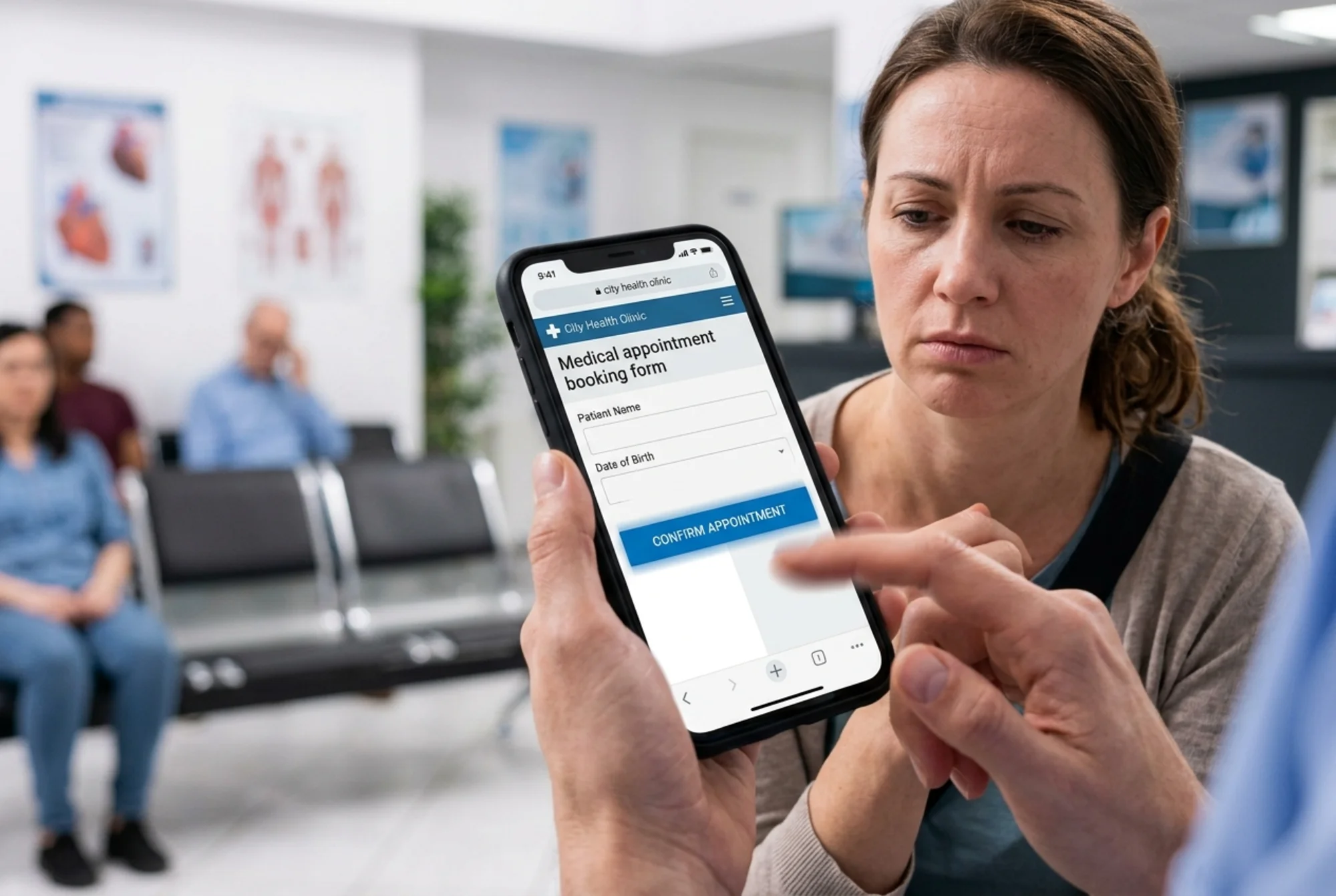 Frustrated patient on a smartphone in a clinic waiting room, the screen showing a half-loaded medical appointment booking form with a button visibly jumping to a new position mid-tap, slight motion blur on the thumb
