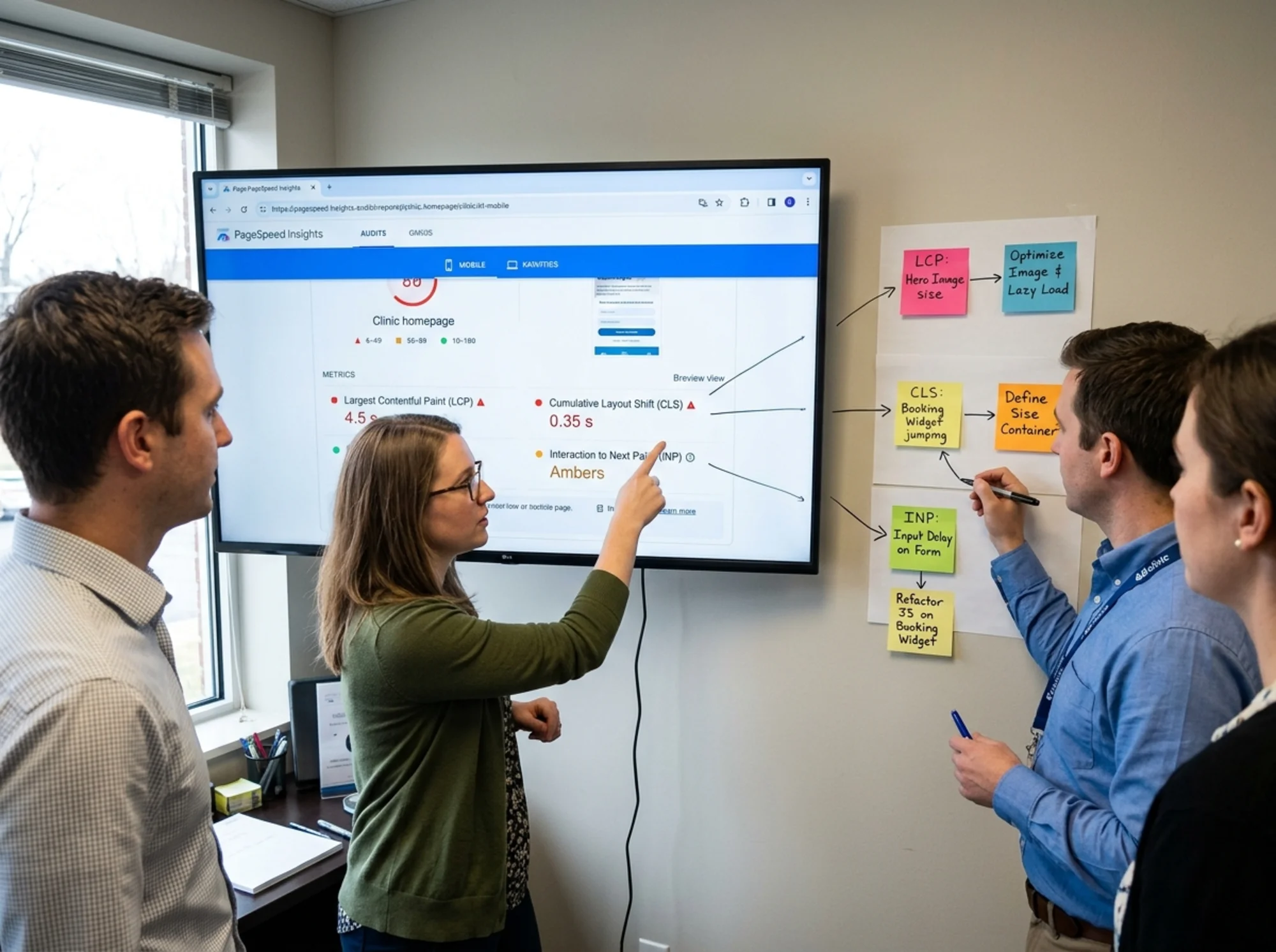 Small healthcare marketing team gathered around a large monitor reviewing a PageSpeed Insights report for a clinic homepage, sticky notes on the wall mapping LCP, CLS, and INP issues to specific page elements like hero image and booking widget