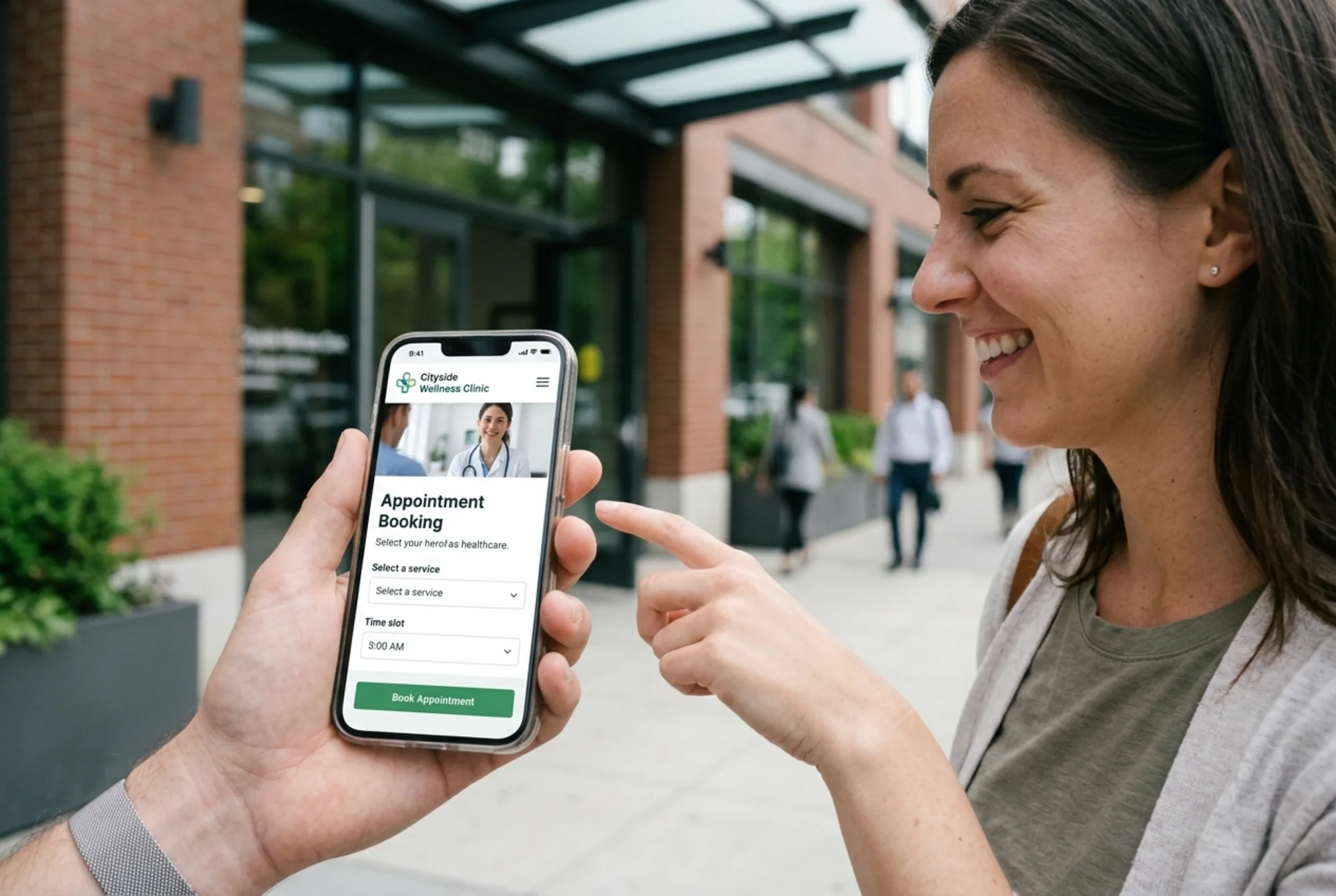 Same clinic's appointment booking page loading instantly on a phone held by a smiling patient outside the clinic entrance, crisp hero image, no layout shift, finger about to tap a stable "Book Appointment" button