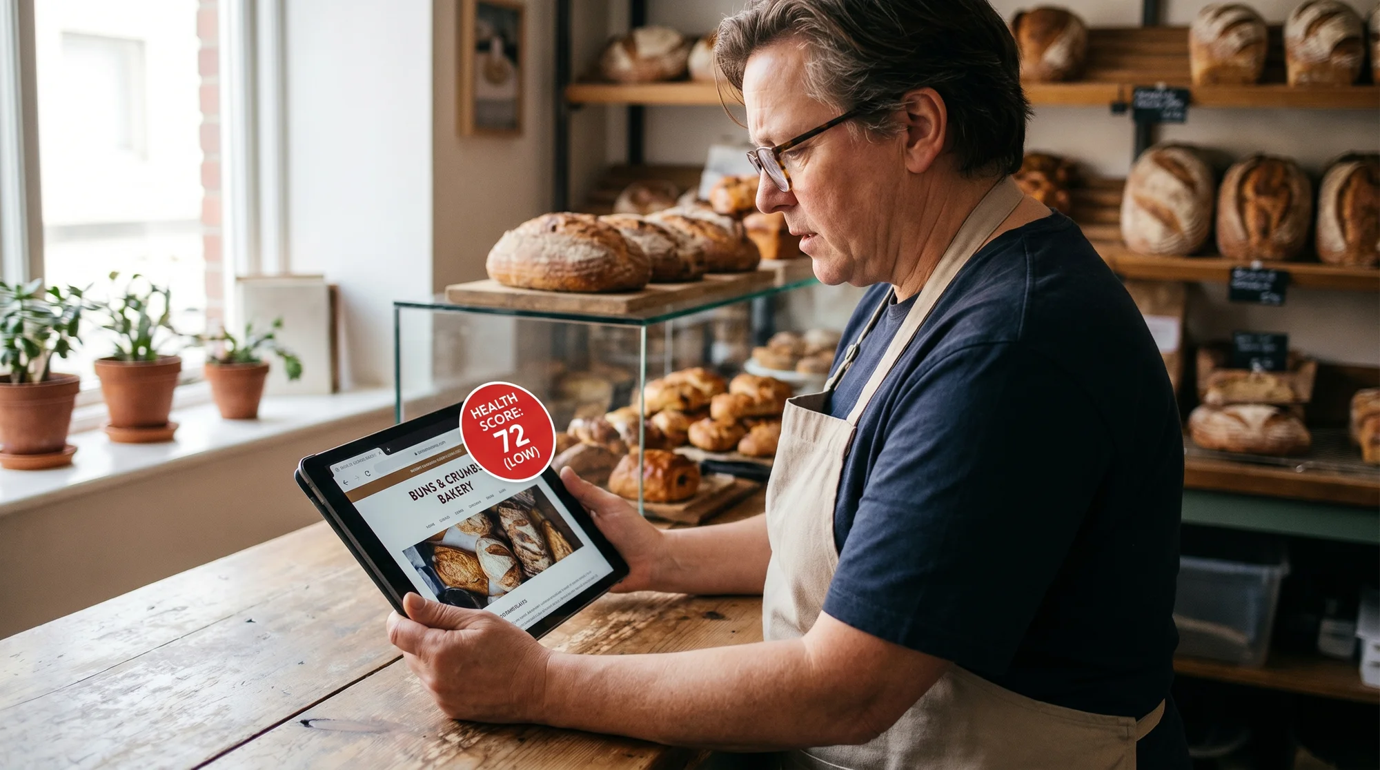 Local bakery owner reviewing a website health score on a tablet