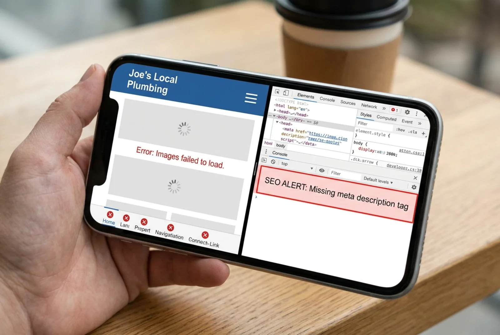 Mobile view of a local plumber website with speed and SEO problems highlighted