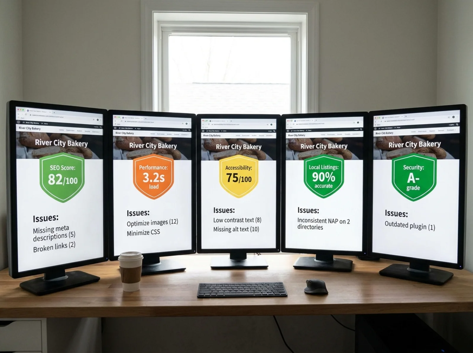 Five website audit tools showing different results for the same local business site