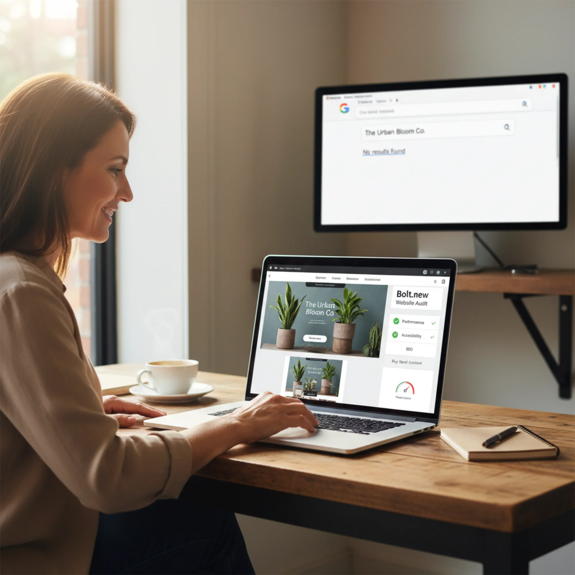 A small business owner excitedly reviewing their newly built Bolt.new website on a laptop showing a polished storefront page with a live preview pane, while a faint Google search results page in the background returns zero results for their business name